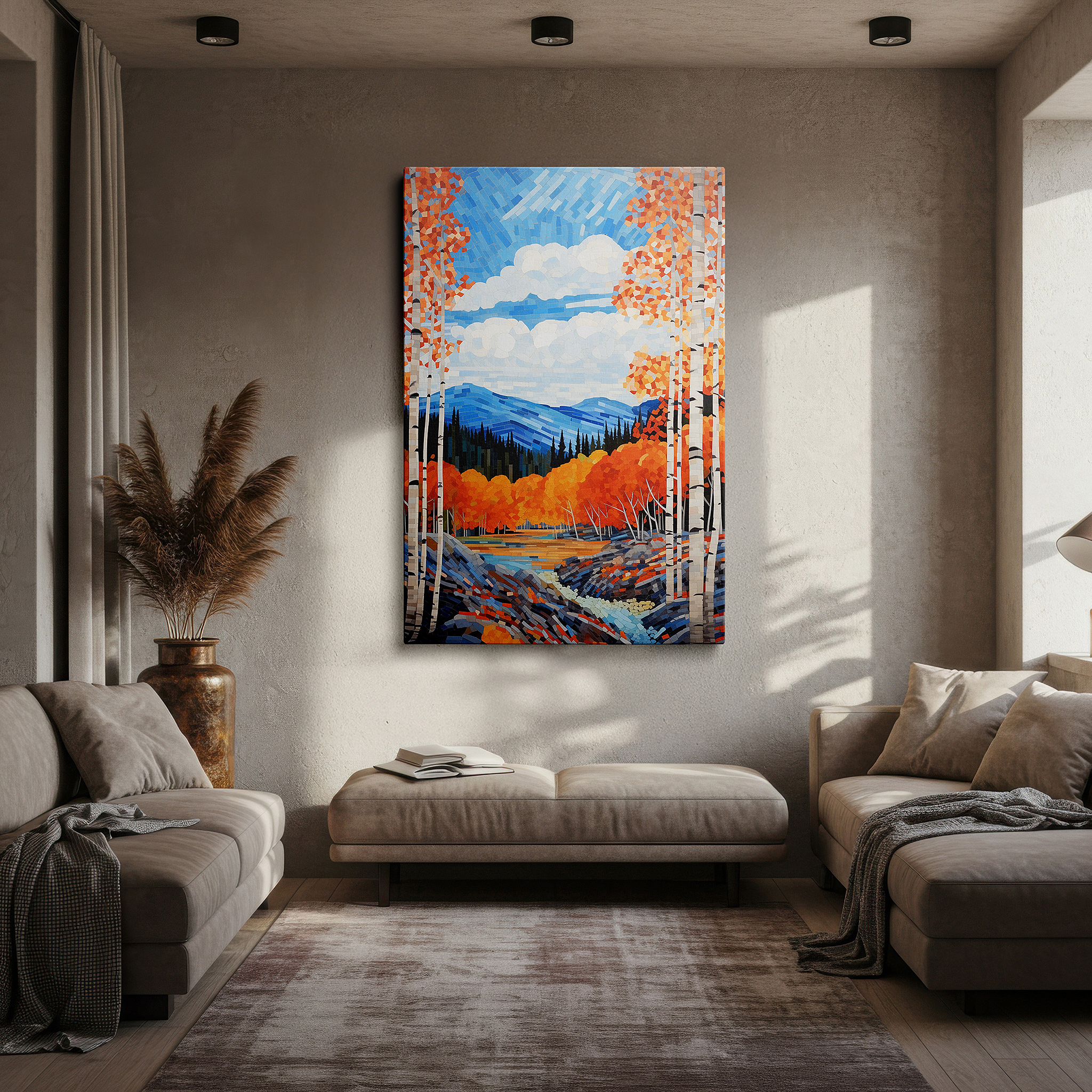At 60×40 cm, this format fits effortlessly over dressers or benches — autumn majesty: fiery foliage and majestic mountains - large canvas wall art for office, bedroom, and living room decor