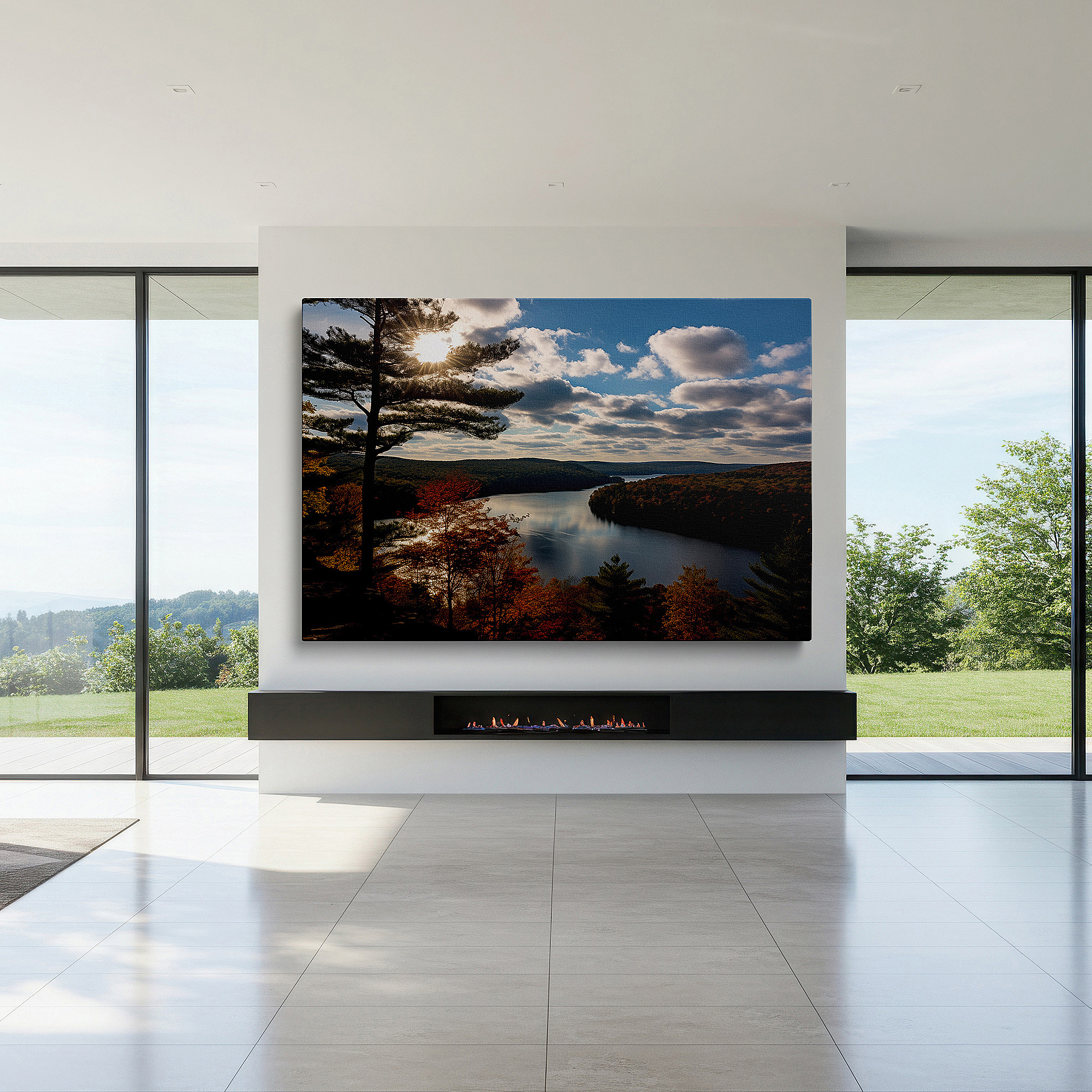 At 60×40 cm, this format fits effortlessly over dressers or benches — autumn's fiery reflections: tranquil river large canvas wall art for office, bedroom, and living room decor