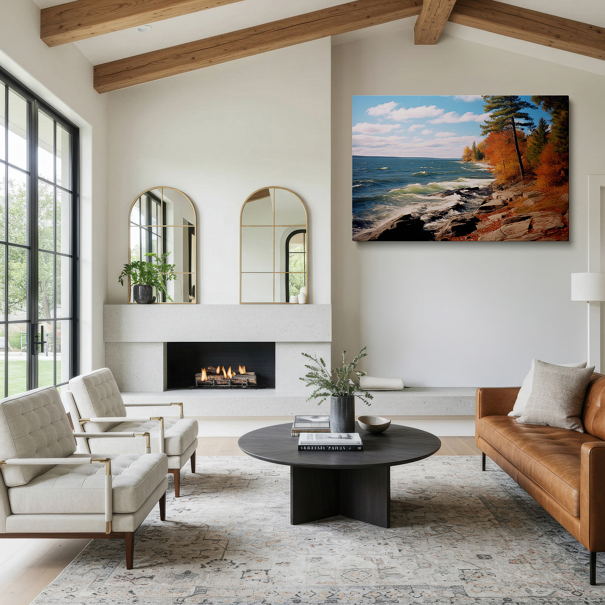 At 60×40 cm, this format fits effortlessly over dressers or benches — autumnal serenity coastline, vibrant foliage over calm lake waters, large canvas wall art for office and bedroom decor