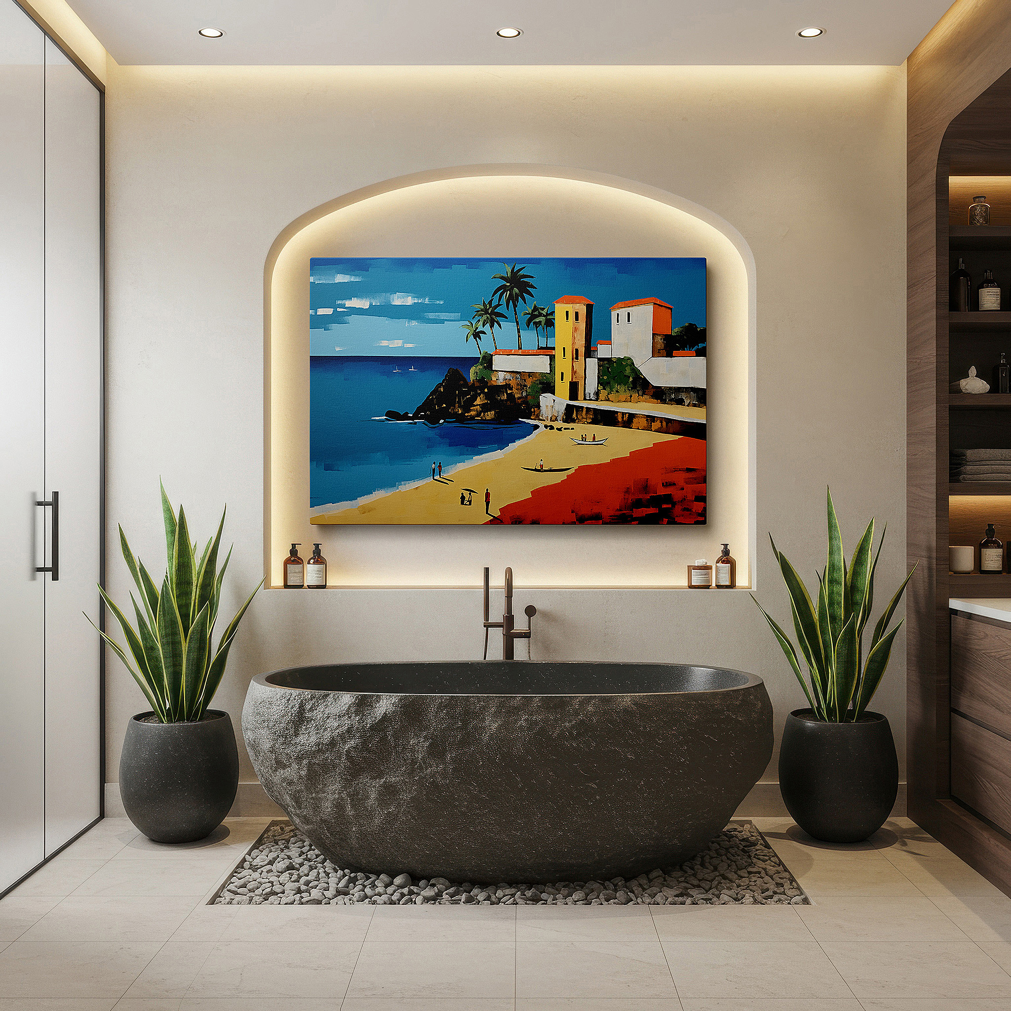 At 60×40 cm, this format fits effortlessly over dressers or benches — coastal elegance expressed through bright colors and playful designs, vibrant beachside escape large wall art, canvas wall art, wall decor, office