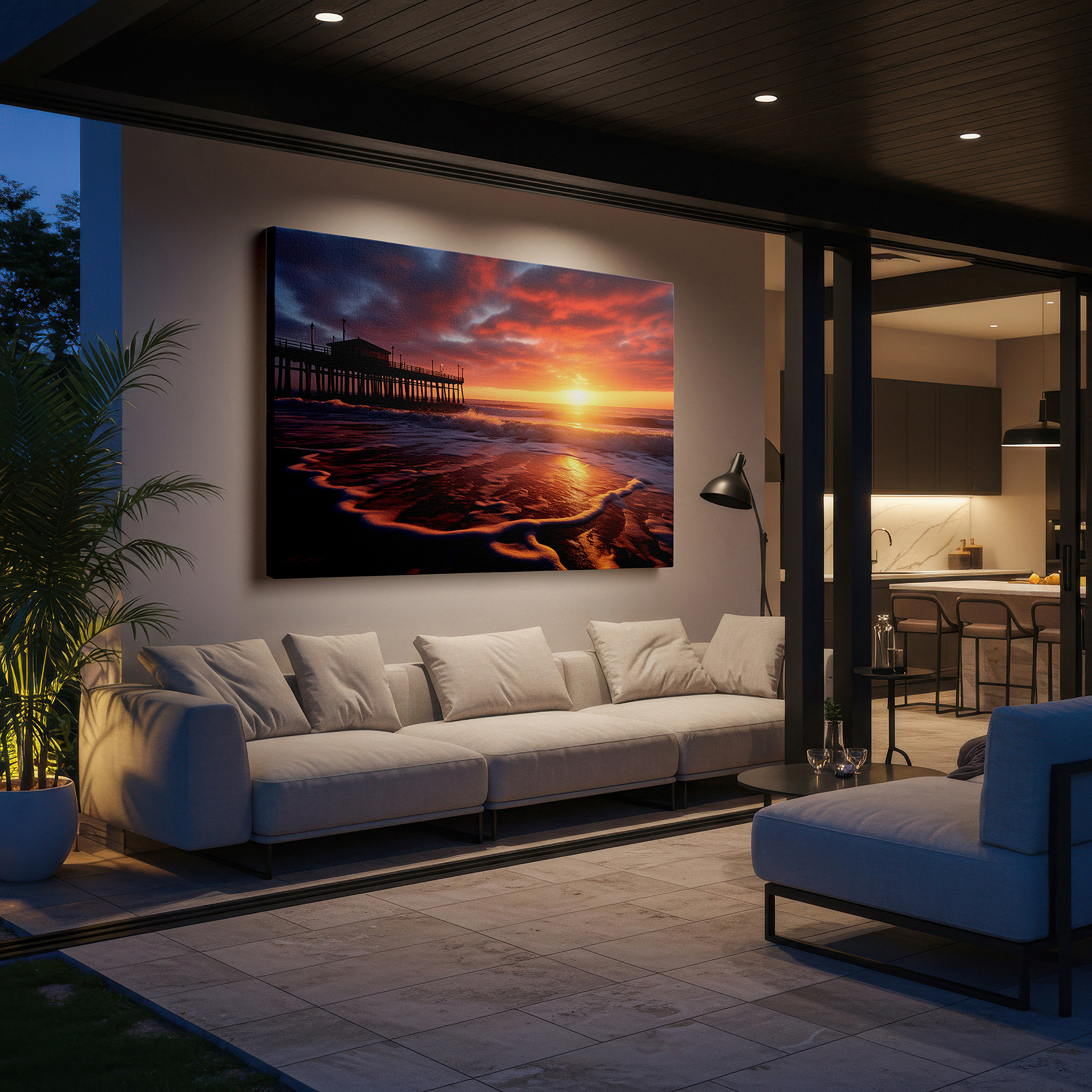 At 60×40 cm, this format fits effortlessly over dressers or benches — coastal pier sunset - serene seaside journey large canvas wall art for home and office decor