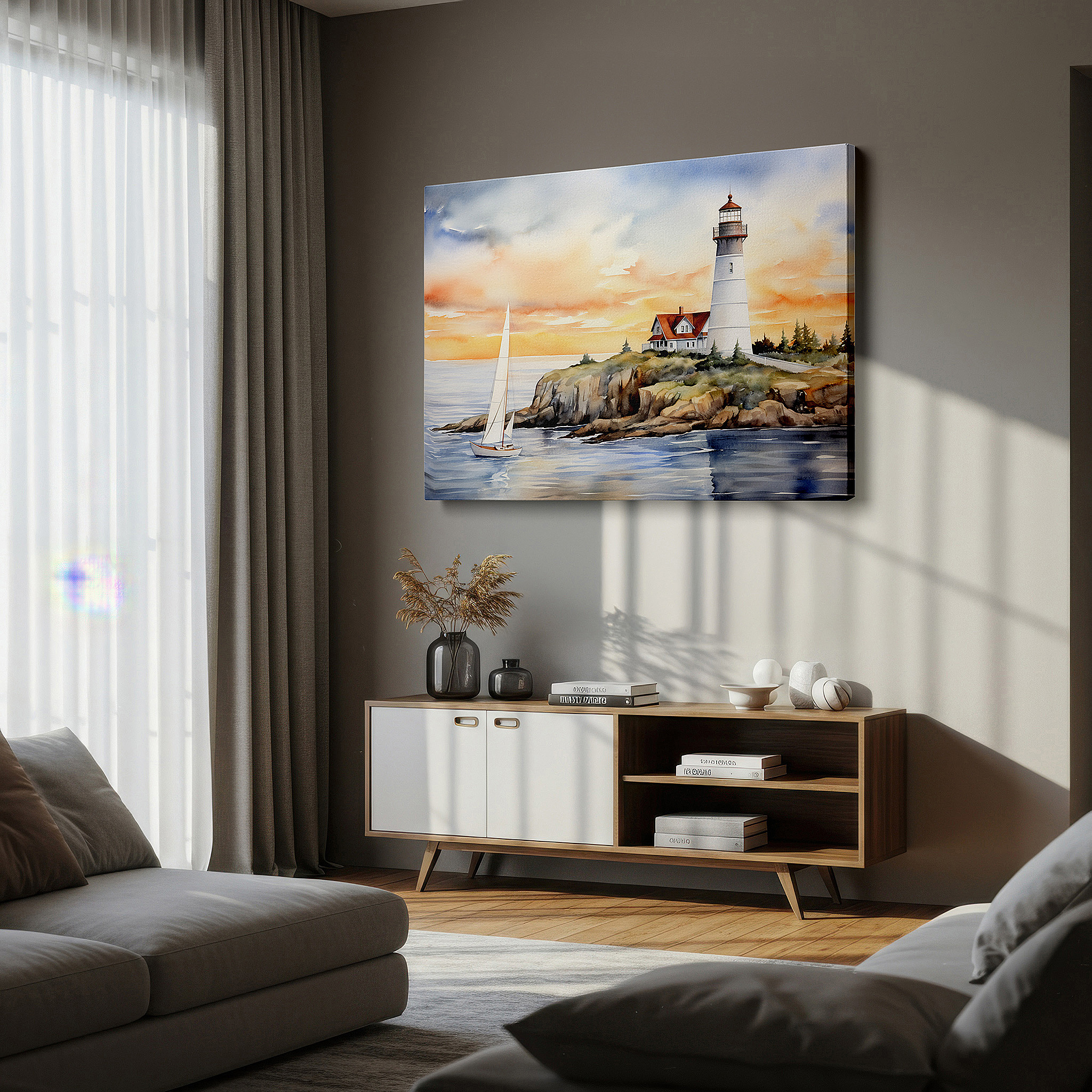 At 60×40 cm, this format fits effortlessly over dressers or benches — coastal sunset wall art featuring majestic lighthouse and elegant sailboat - large canvas for home or office decor