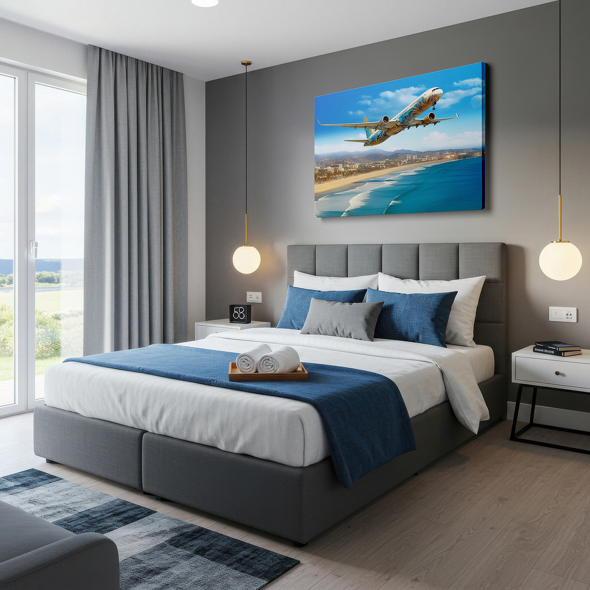 At 60×40 cm, this format fits effortlessly over dressers or benches — coastal vista with soaring airplane canvas: inspiring adventure and serenity for office and bedroom wall decor