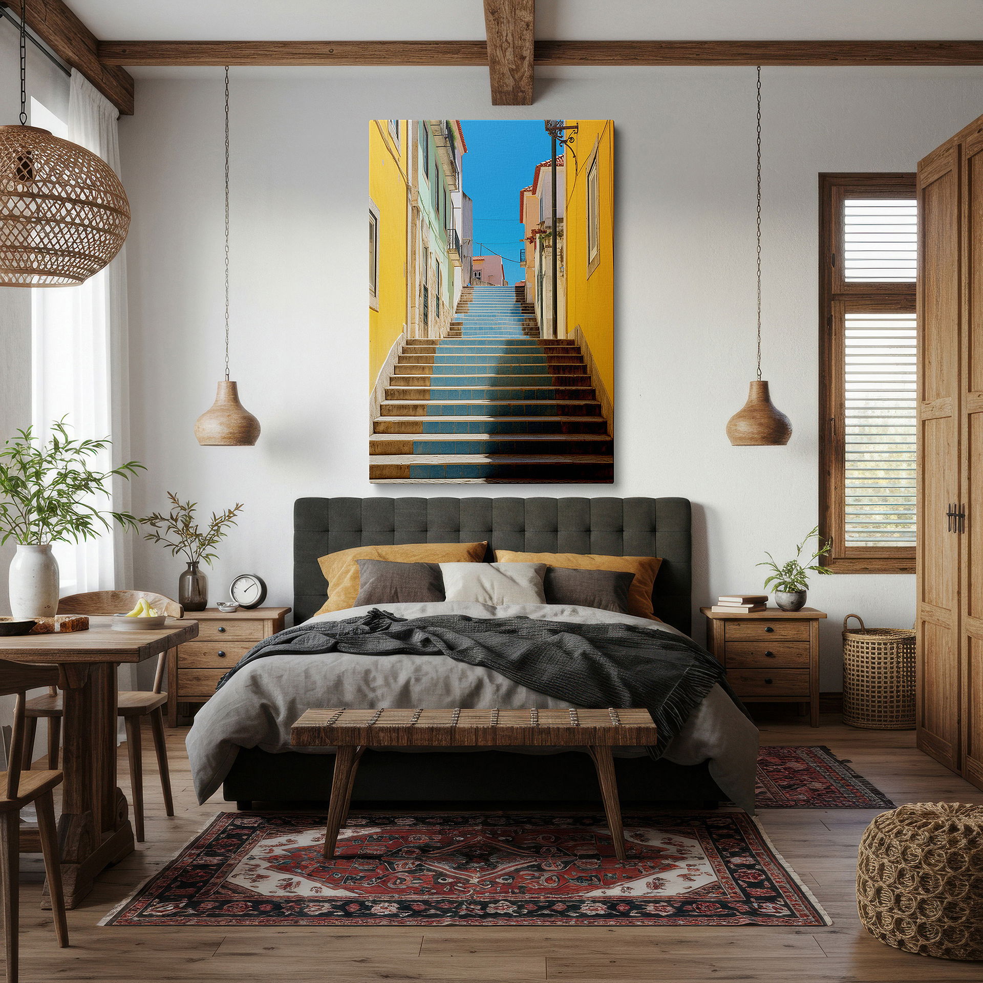 At 60×40 cm, this format fits effortlessly over dressers or benches — colorful stairway in a charming european alley, surrounded by vibrant buildings under a clear blue sky - large wall art, canvas wall art, wall decor for office