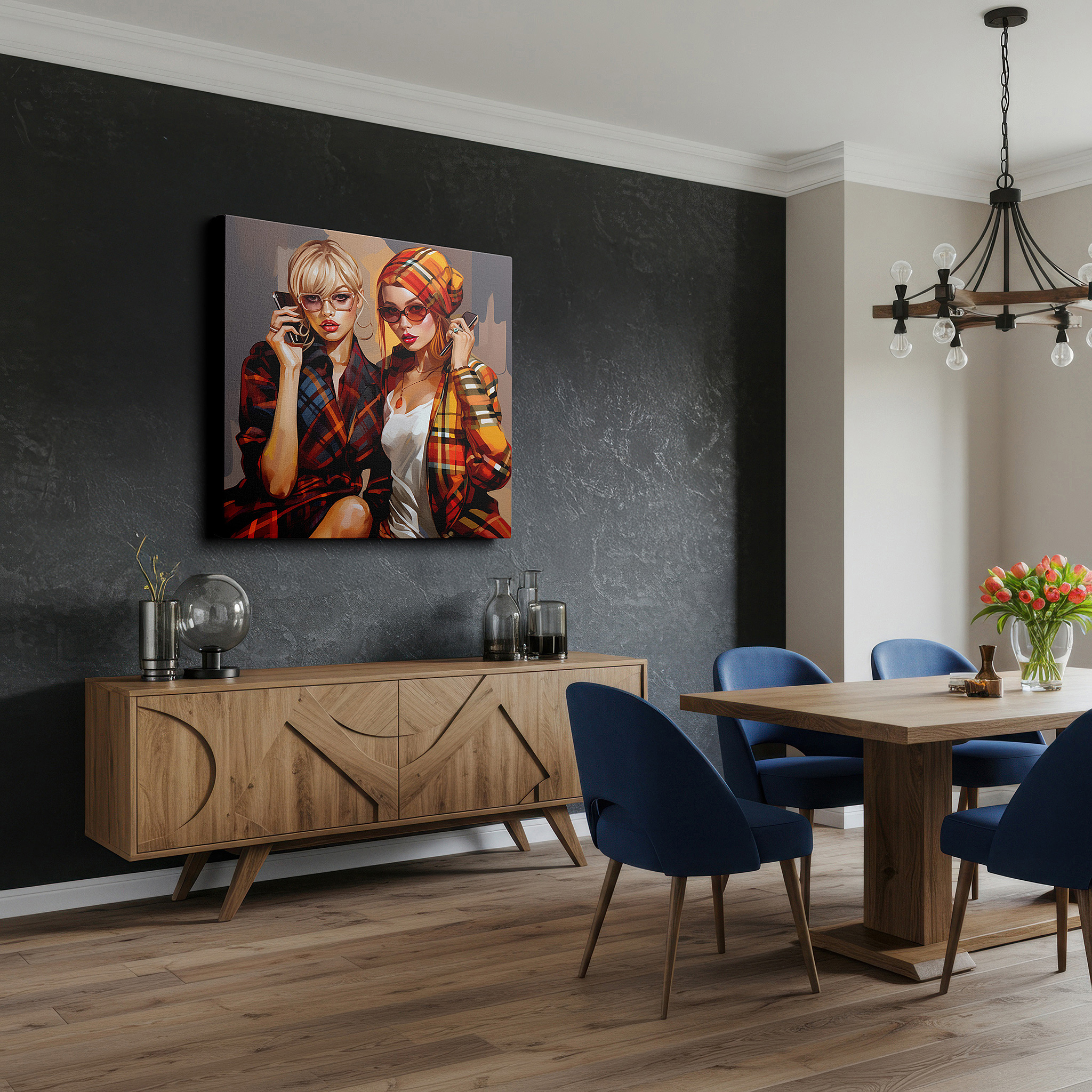 At 60×40 cm, this format fits effortlessly over dressers or benches — contemporary style and personal expression in plaid: a dynamic dialogue among fashionable women - large wall art, canvas wall art, wall decor for office