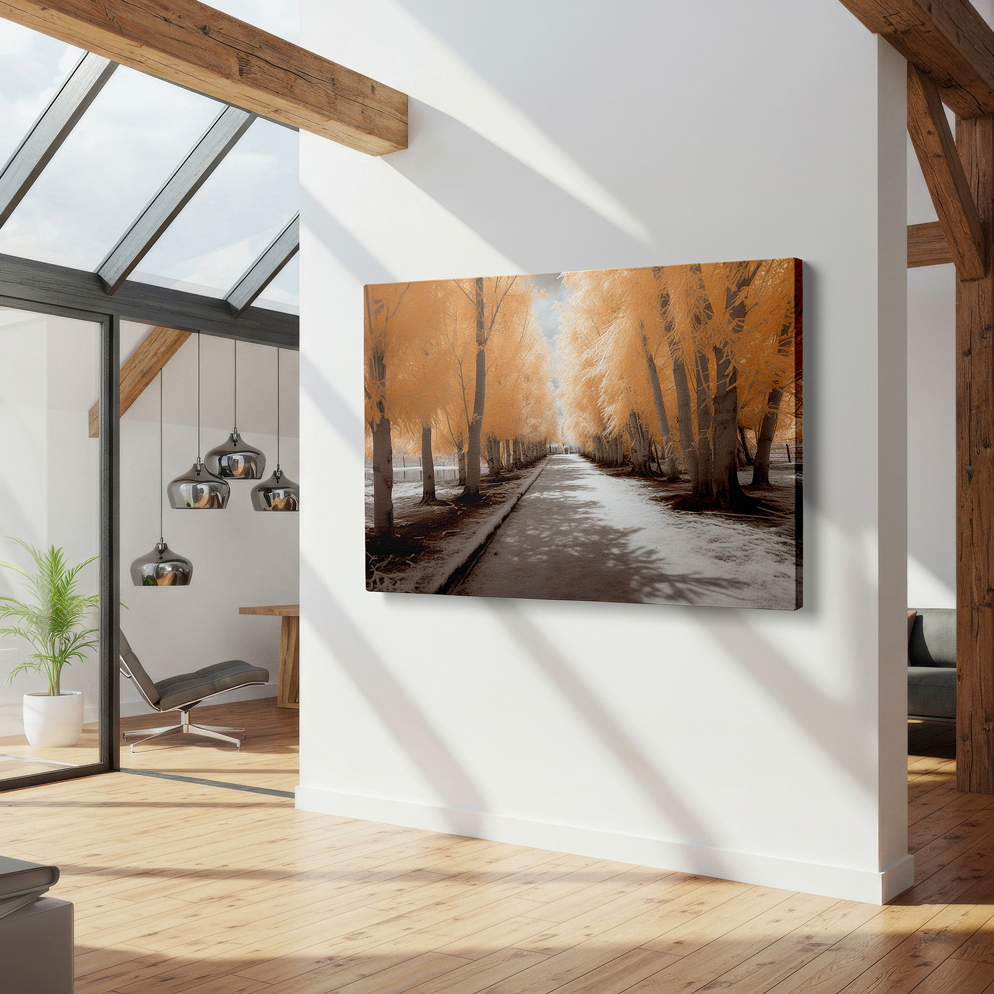At 60×40 cm, this format fits effortlessly over dressers or benches — dreamlike pathway under majestic trees at sunset large wall art, canvas wall art, wall decor for office and bedroom