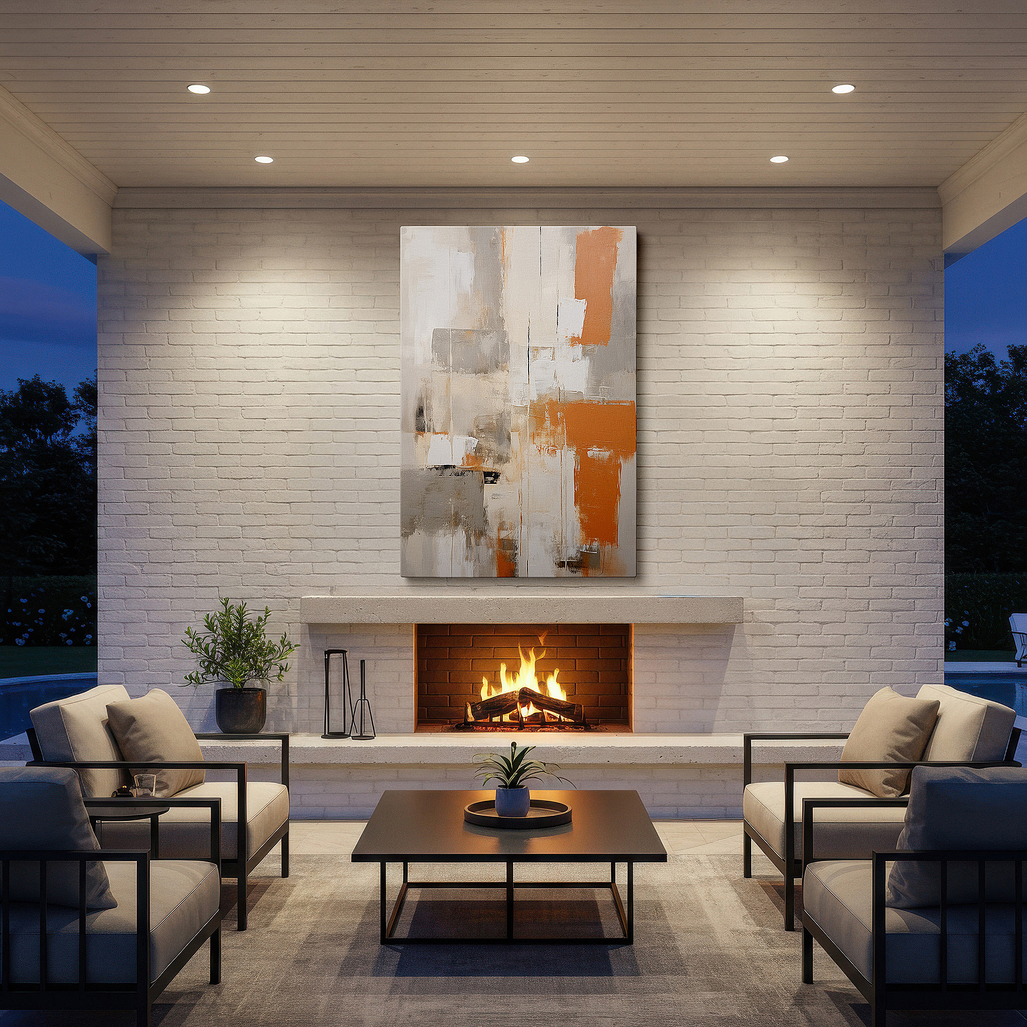 At 60×40 cm, this format fits effortlessly over dressers or benches — dynamic abstract art in gray and orange: bold modern statement, large canvas wall decor for offices