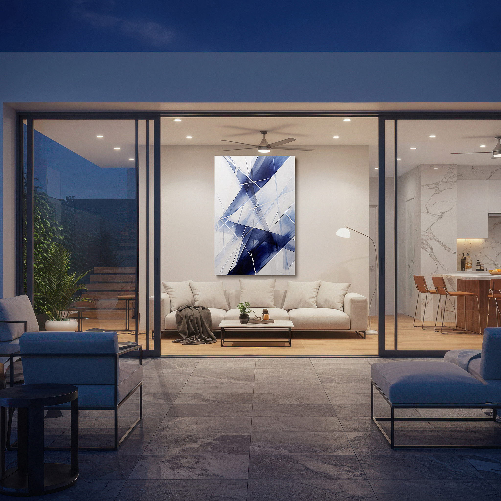 At 60×40 cm, this format fits effortlessly over dressers or benches — dynamic blue and white symphony: abstract energy and movement large wall art, canvas wall art, wall decor for office and bedroom