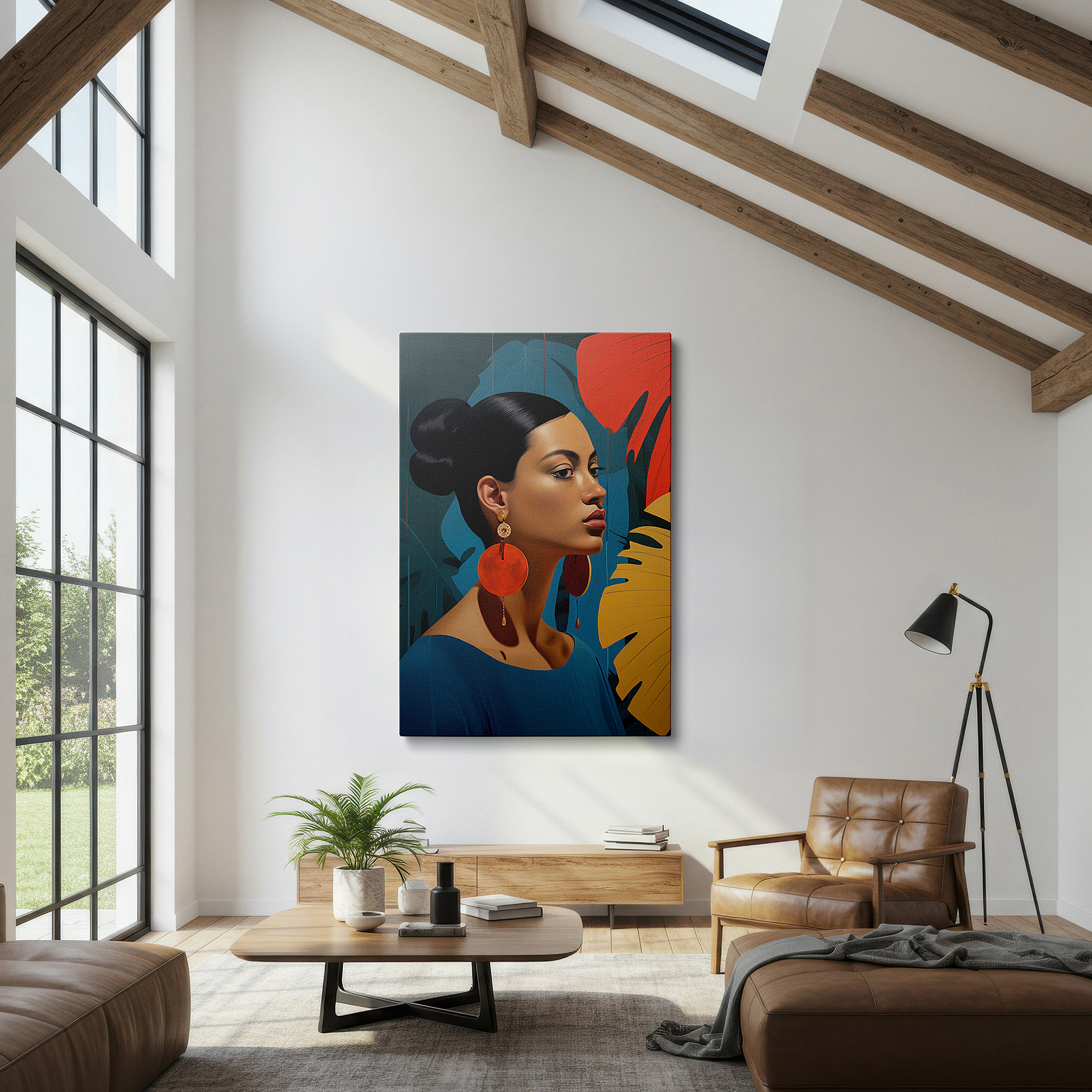 At 60×40 cm, this format fits effortlessly over dressers or benches — elegant woman profile - vibrant leaves large wall art, canvas decor for office, bedroom, and living room