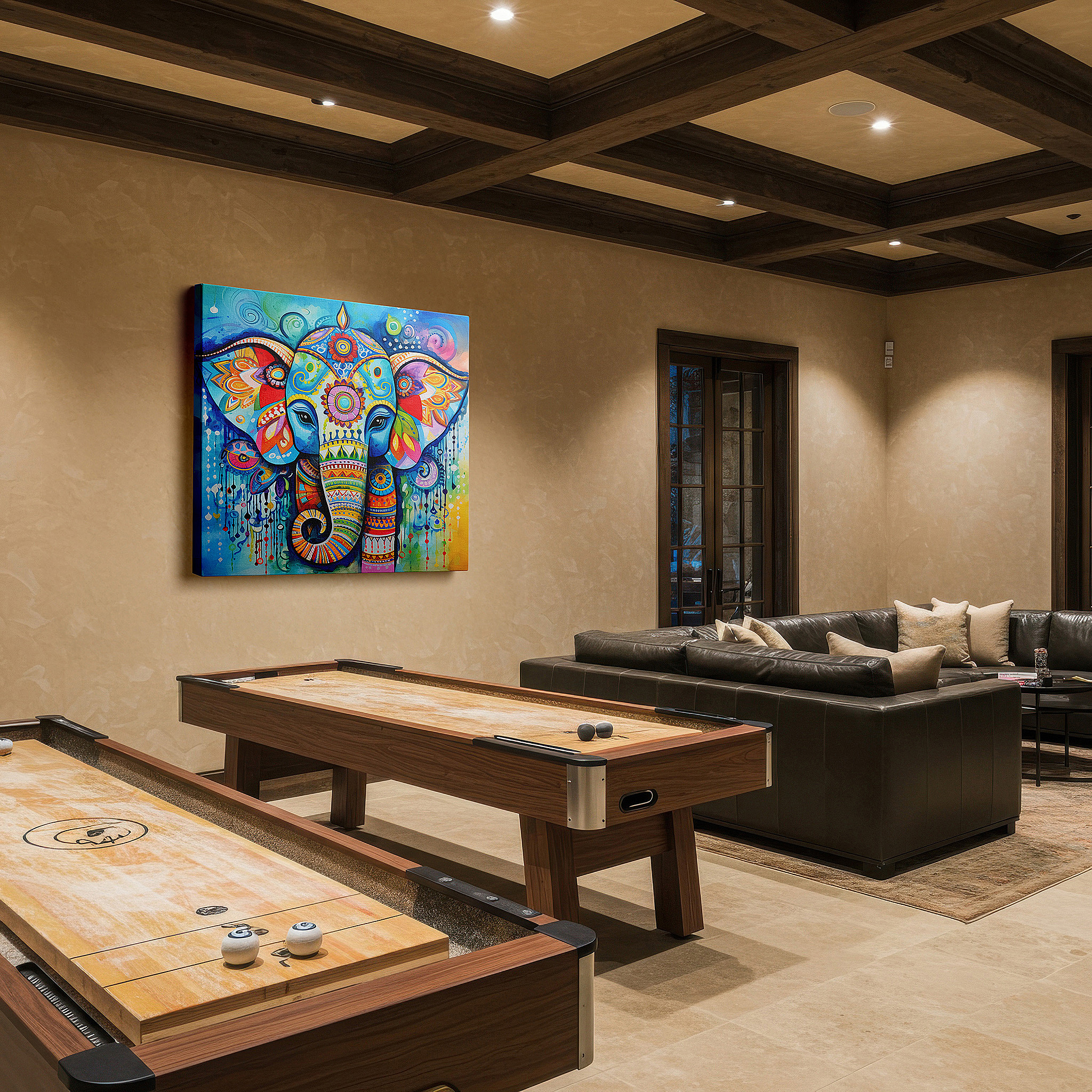 At 60×40 cm, this format fits effortlessly over dressers or benches — elephant mandala symbolizing unity and spiritual growth - large canvas wall art for office and bedroom decor