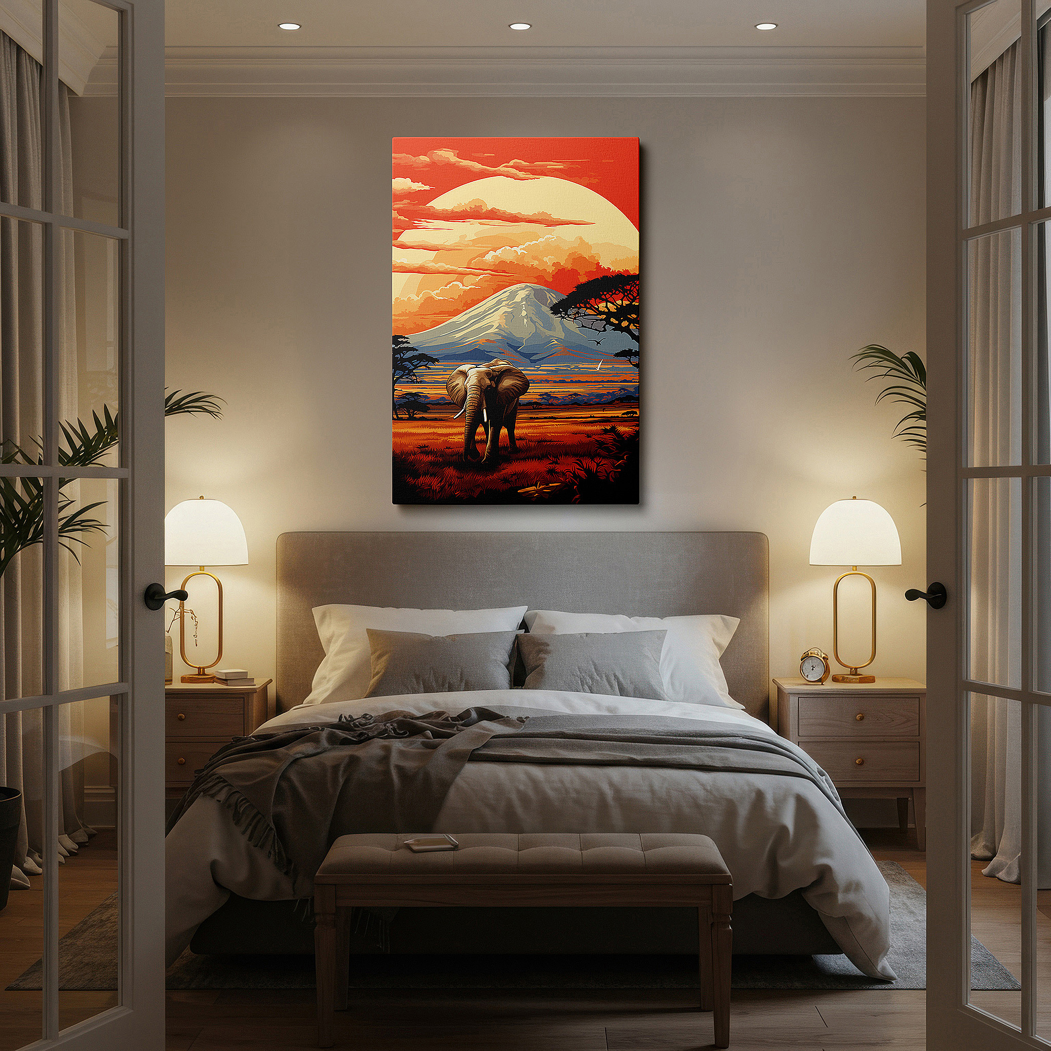 At 60×40 cm, this format fits effortlessly over dressers or benches — elephant silhouette at sunset in africa large canvas wall art for home and office decor