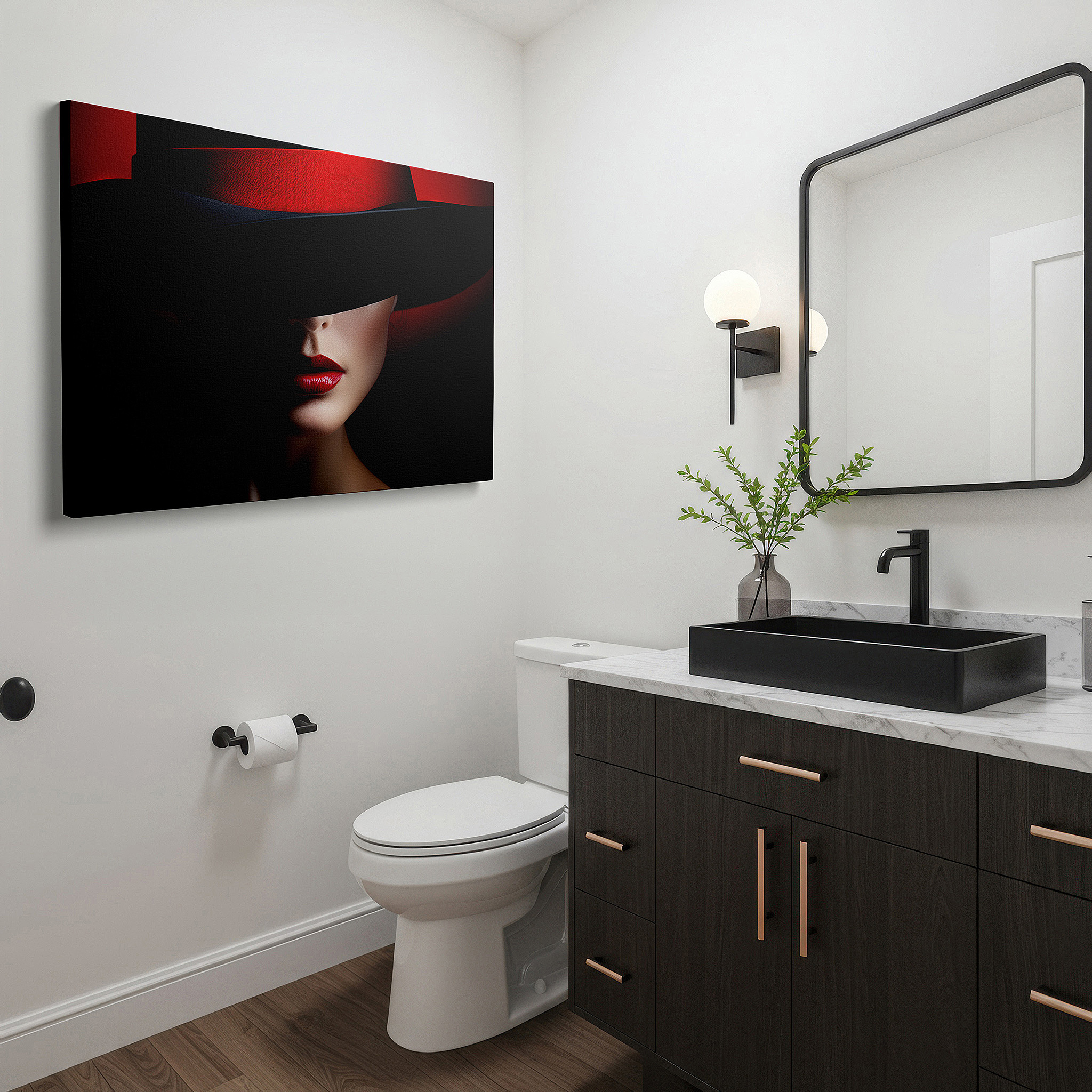 At 60×40 cm, this format fits effortlessly over dressers or benches — enigmatic charm: wide-brimmed hat shadow large wall art, canvas decor for office, bedroom, and living room