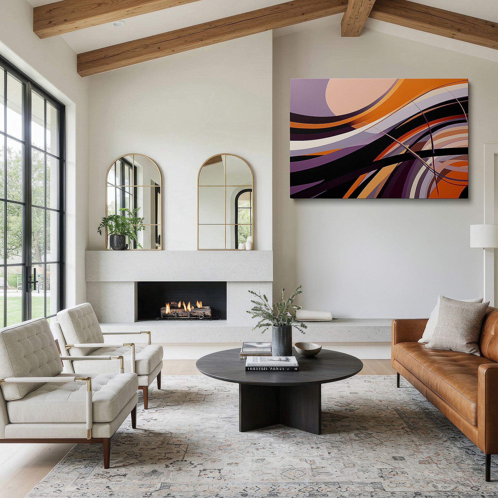 At 60×40 cm, this format fits effortlessly over dressers or benches — flowing curves in vibrant orange, purple, and black - large canvas wall art for office and bedroom decor