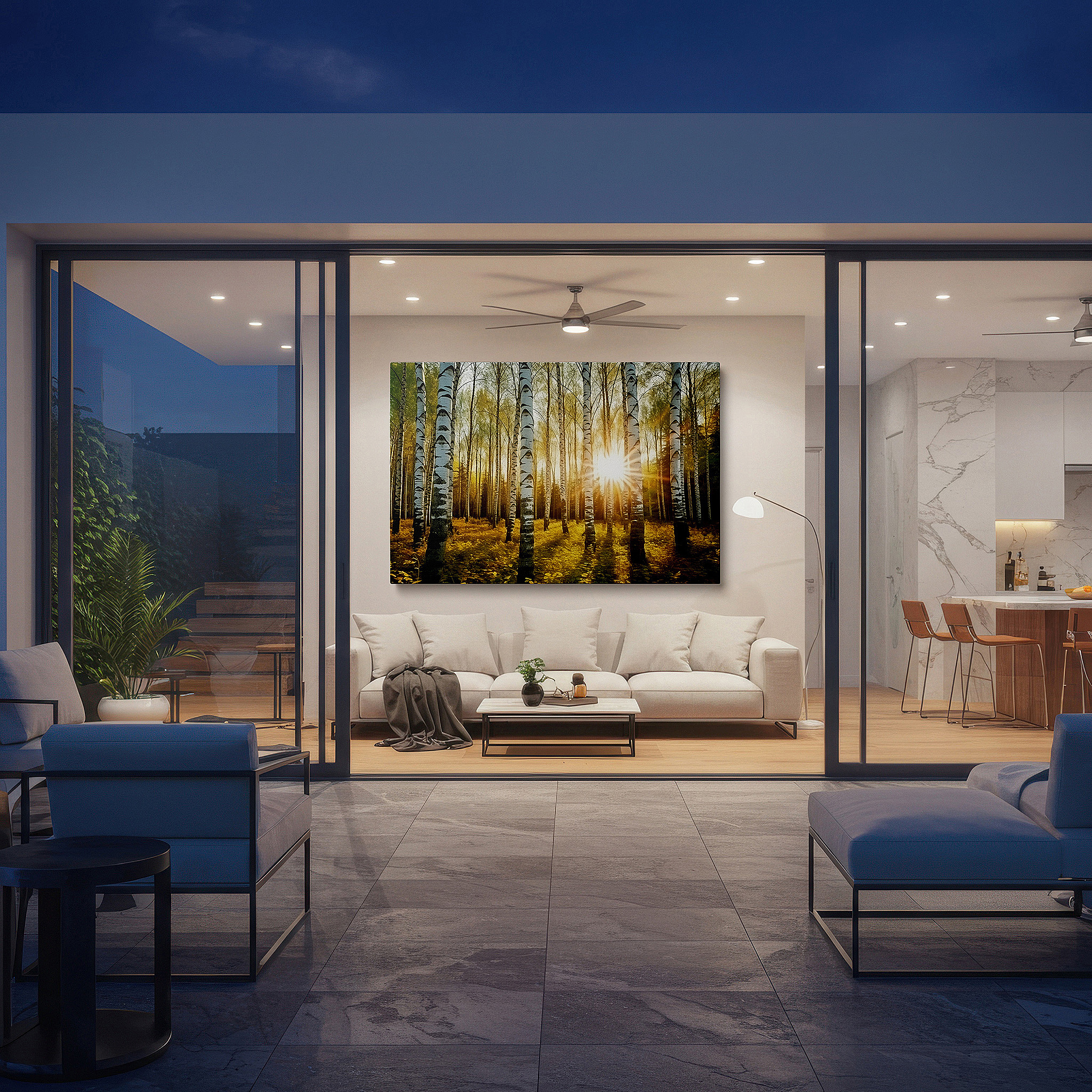 At 60×40 cm, this format fits effortlessly over dressers or benches — golden hour birch forest - slender trees bathed in radiant sunlight large wall art, canvas wall decor for office and bedroom