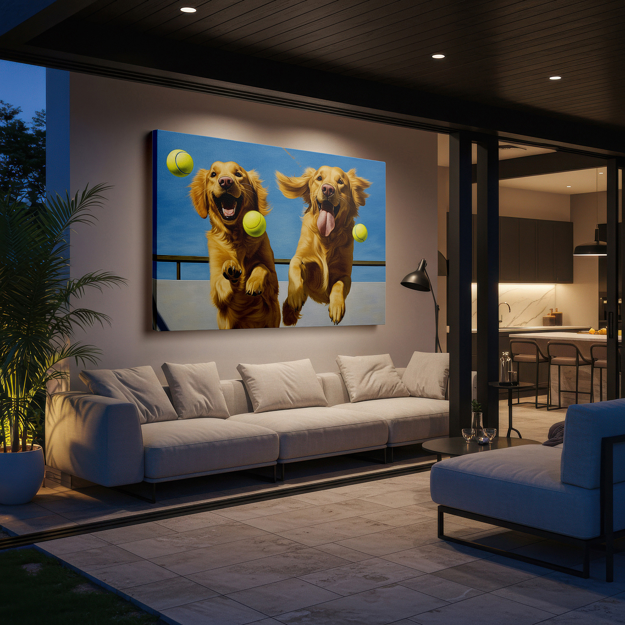 At 60×40 cm, this format fits effortlessly over dressers or benches — golden retrievers joyfully chasing tennis balls in a sunlit field - large canvas wall art for office, bedroom, and living room decor