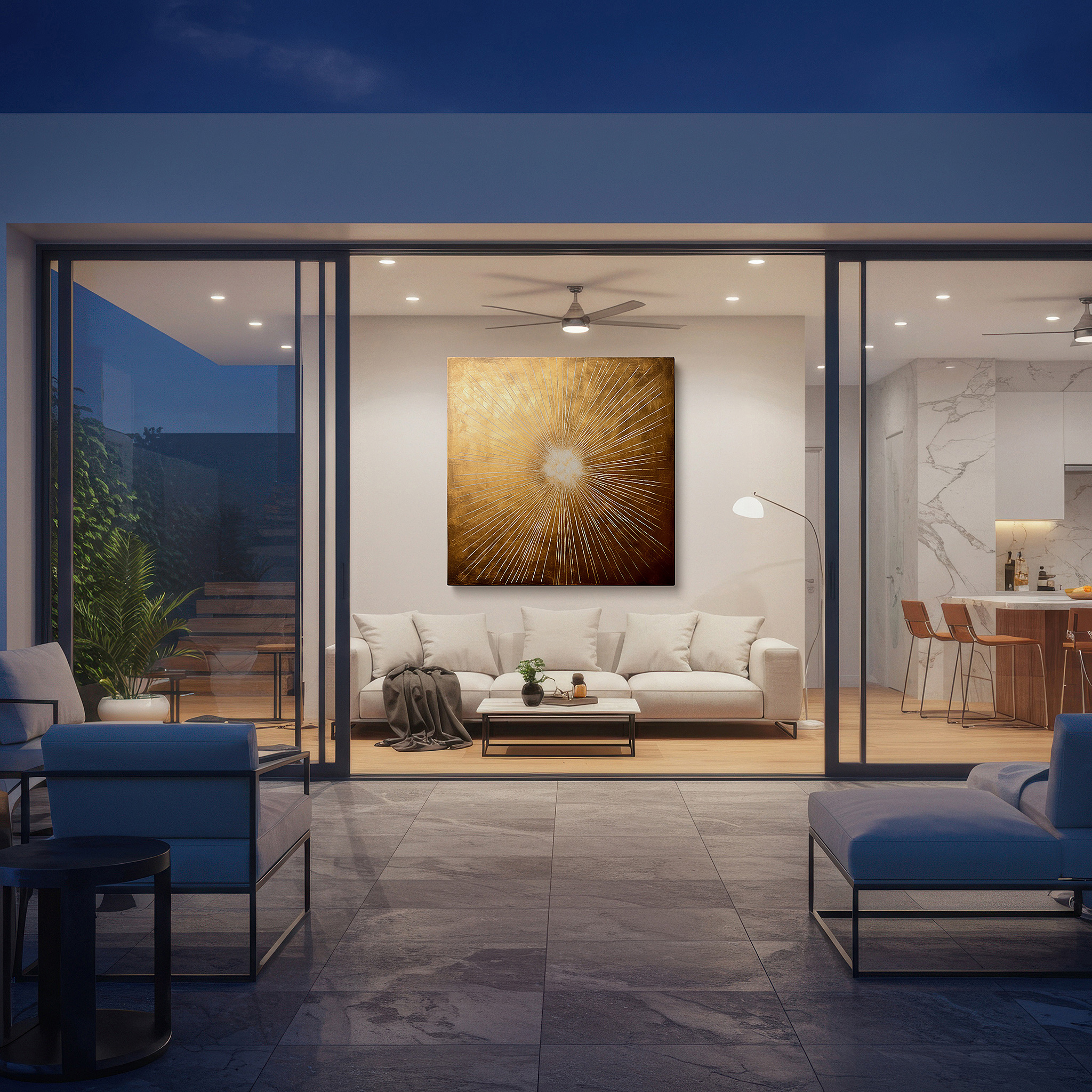 At 60×40 cm, this format fits effortlessly over dressers or benches — golden sunburst radiance, illuminating and warming any space - large wall art, canvas wall art, wall decor for offices and bedrooms