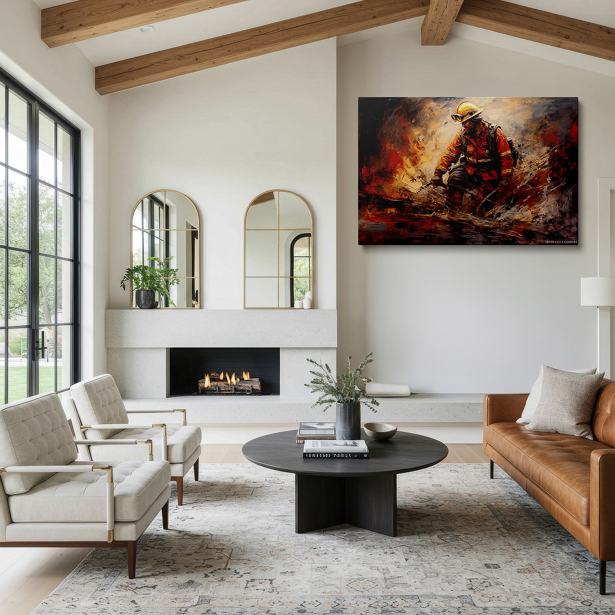 At 60×40 cm, this format fits effortlessly over dressers or benches — heroic firefighter in action amidst flames and smoke large wall art, canvas wall art, wall decor, office wall art