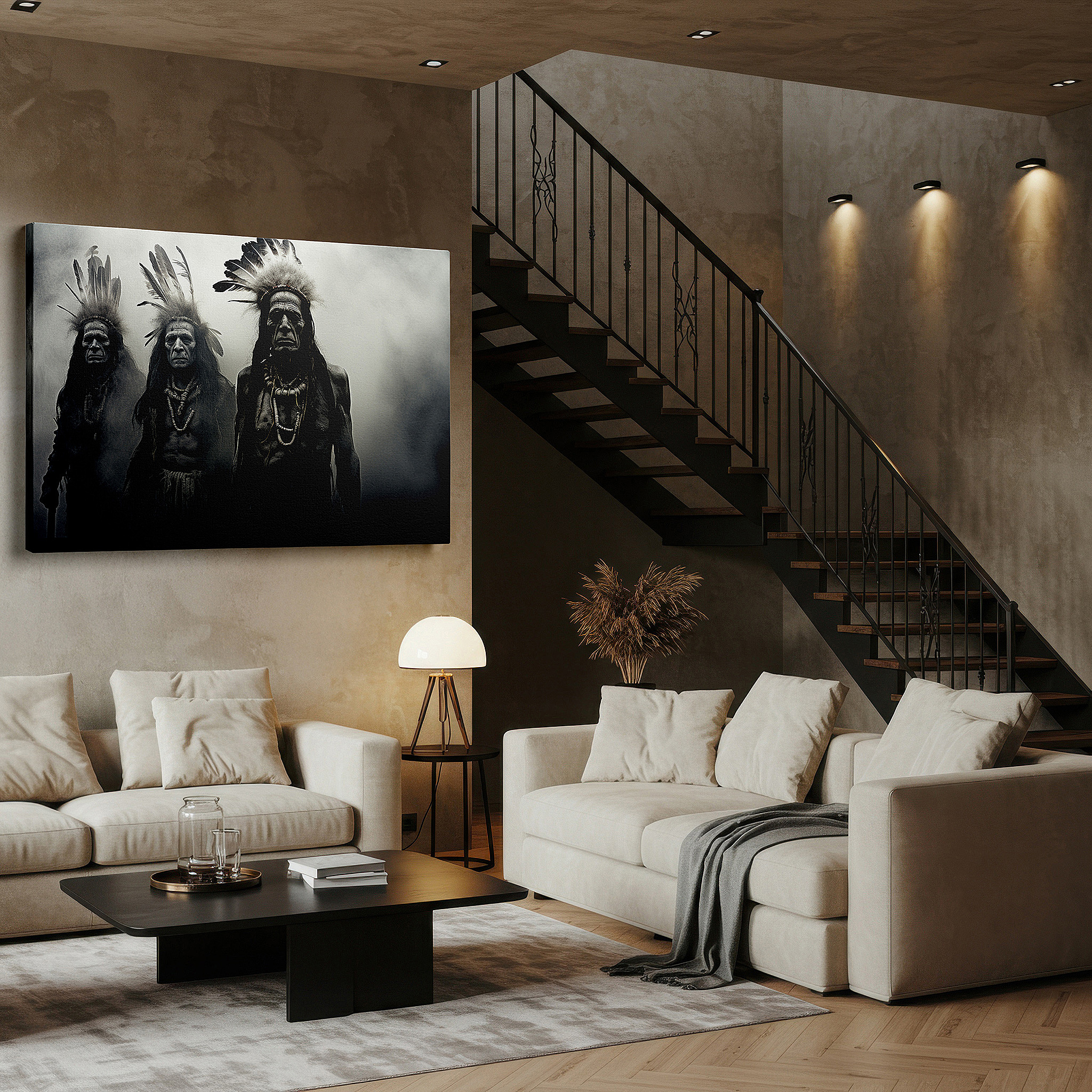 At 60×40 cm, this format fits effortlessly over dressers or benches — indigenous spirit echoes - ethereal figures adorned in mist large wall art, canvas wall art, wall decor, office wall art