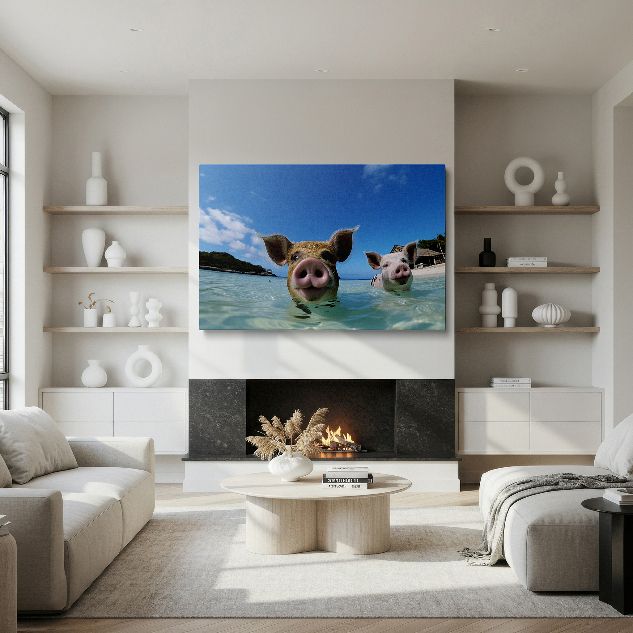 At 60×40 cm, this format fits effortlessly over dressers or benches — joyful piglets playing in tropical waters beneath a blue sky - large canvas wall art for office, bedroom, and living room decor