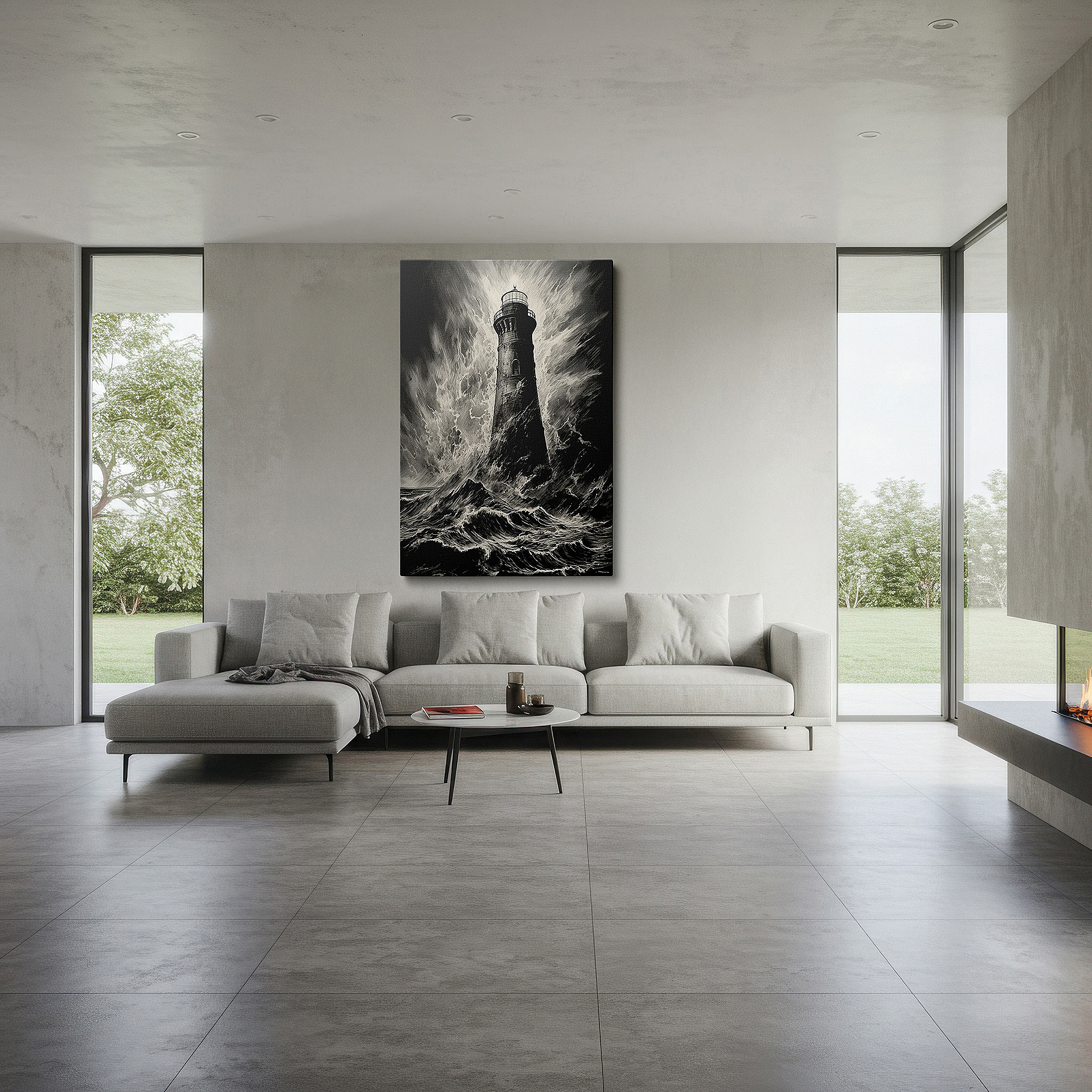 At 60×40 cm, this format fits effortlessly over dressers or benches — lighthouse beacon of resilience: timeless maritime masterpiece in black and white - large canvas wall art for office decor
