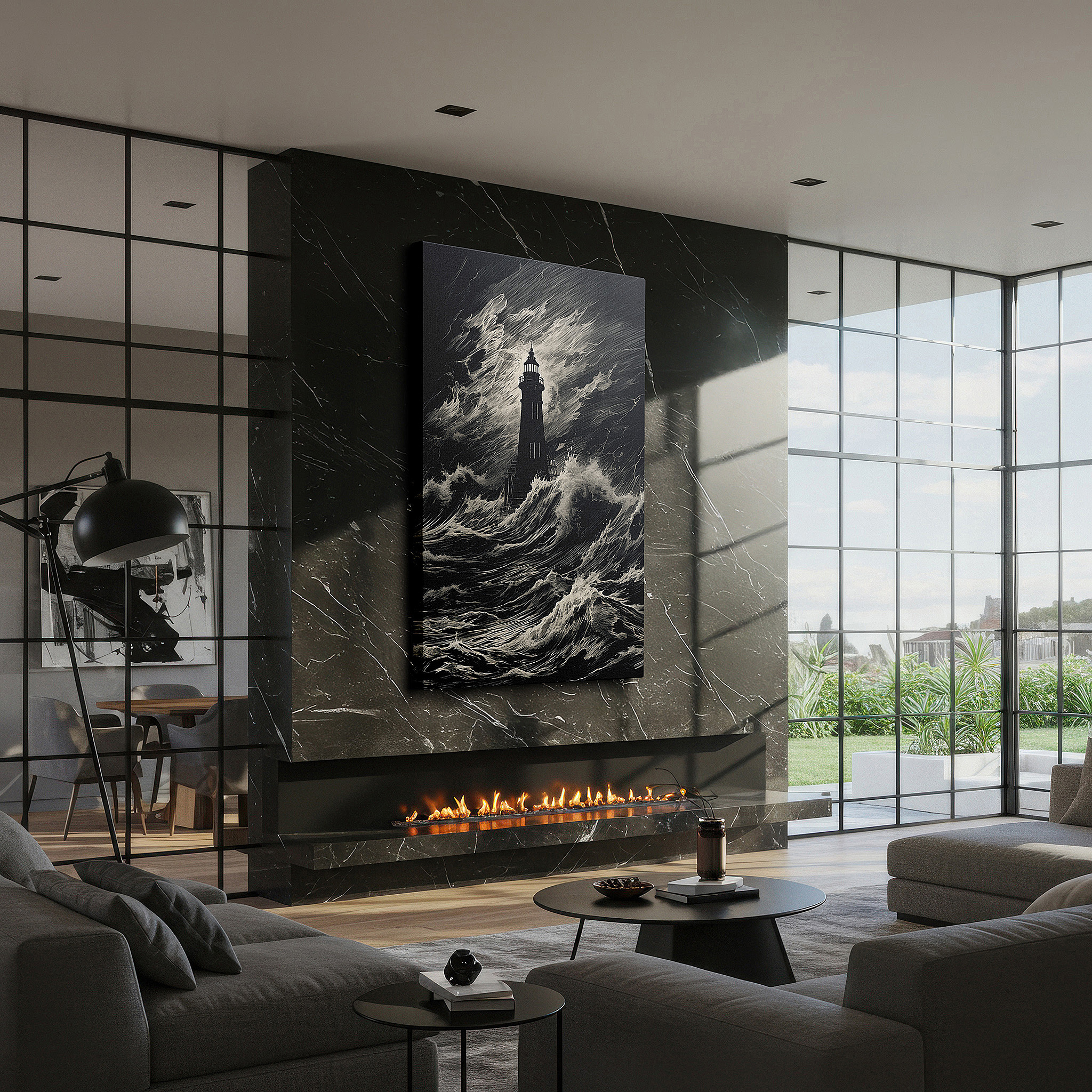 At 60×40 cm, this format fits effortlessly over dressers or benches — lighthouse in the storm wall art - symbolizing hope and resilience, perfect for home or office decor, available as large canvas