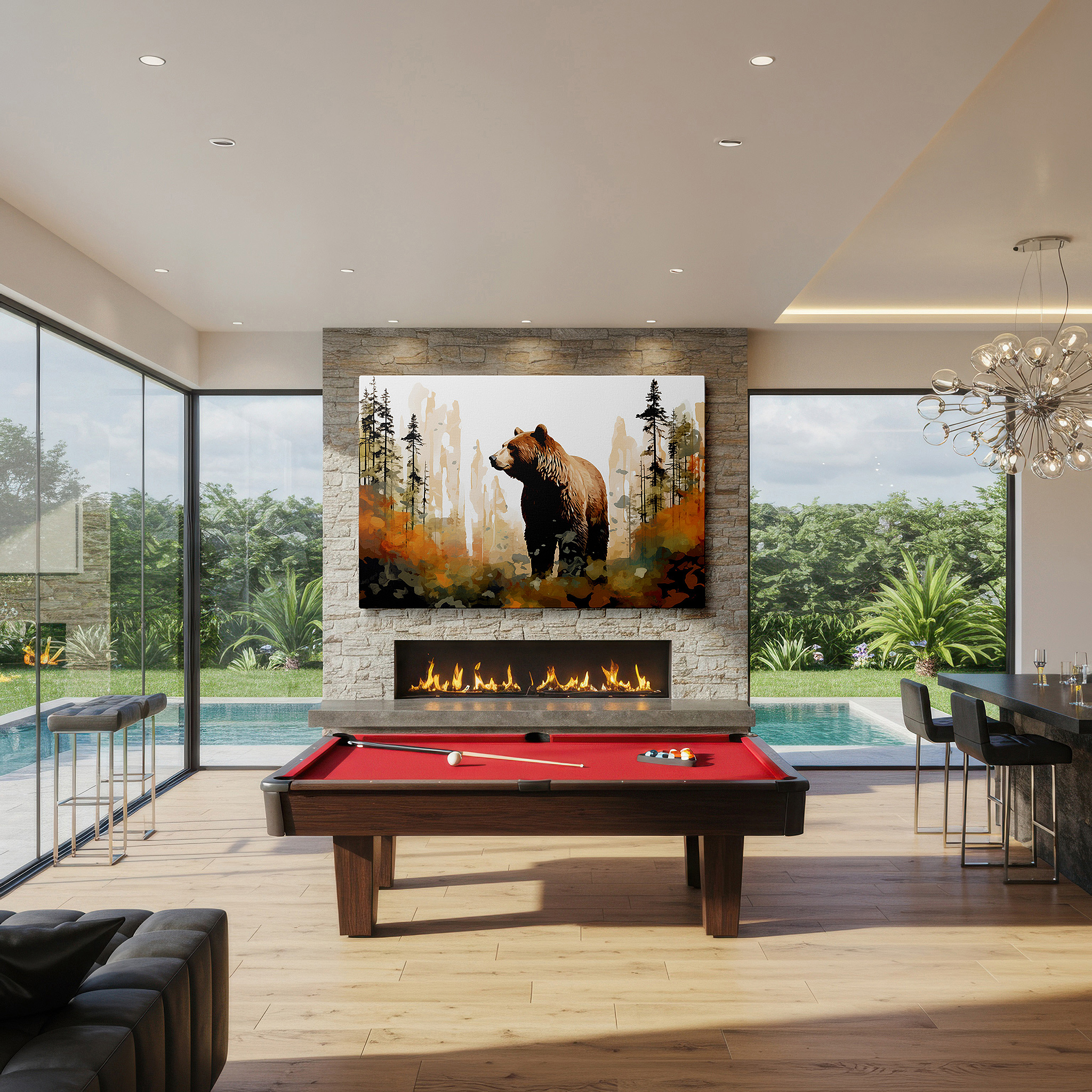 At 60×40 cm, this format fits effortlessly over dressers or benches — majestic bear in lush wilderness: a blend of realistic and abstract aesthetics - large canvas wall art for home and office decor
