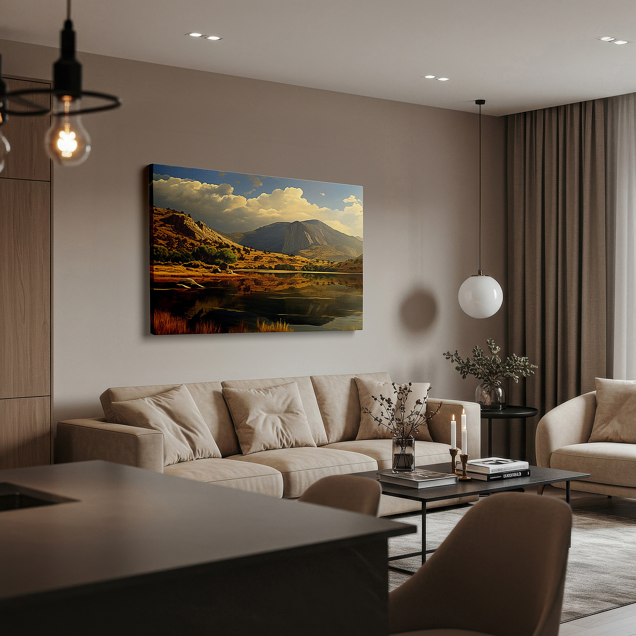 At 60×40 cm, this format fits effortlessly over dressers or benches — majestic mountains and tranquil waters: dramatic sky large canvas wall art for office, bedroom, and living room decor