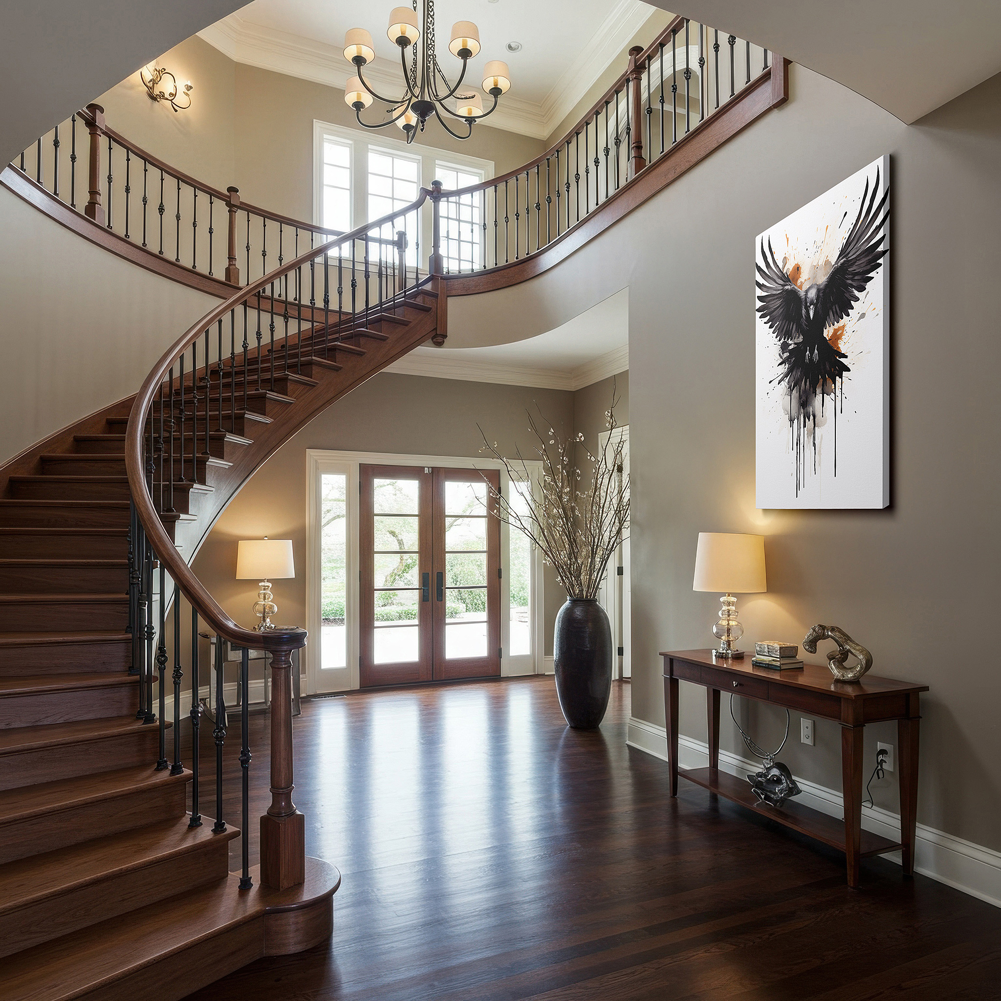 At 60×40 cm, this format fits effortlessly over dressers or benches — majestic raven in flight depicting freedom and power against a stormy abstract sky - large canvas wall art for office decor