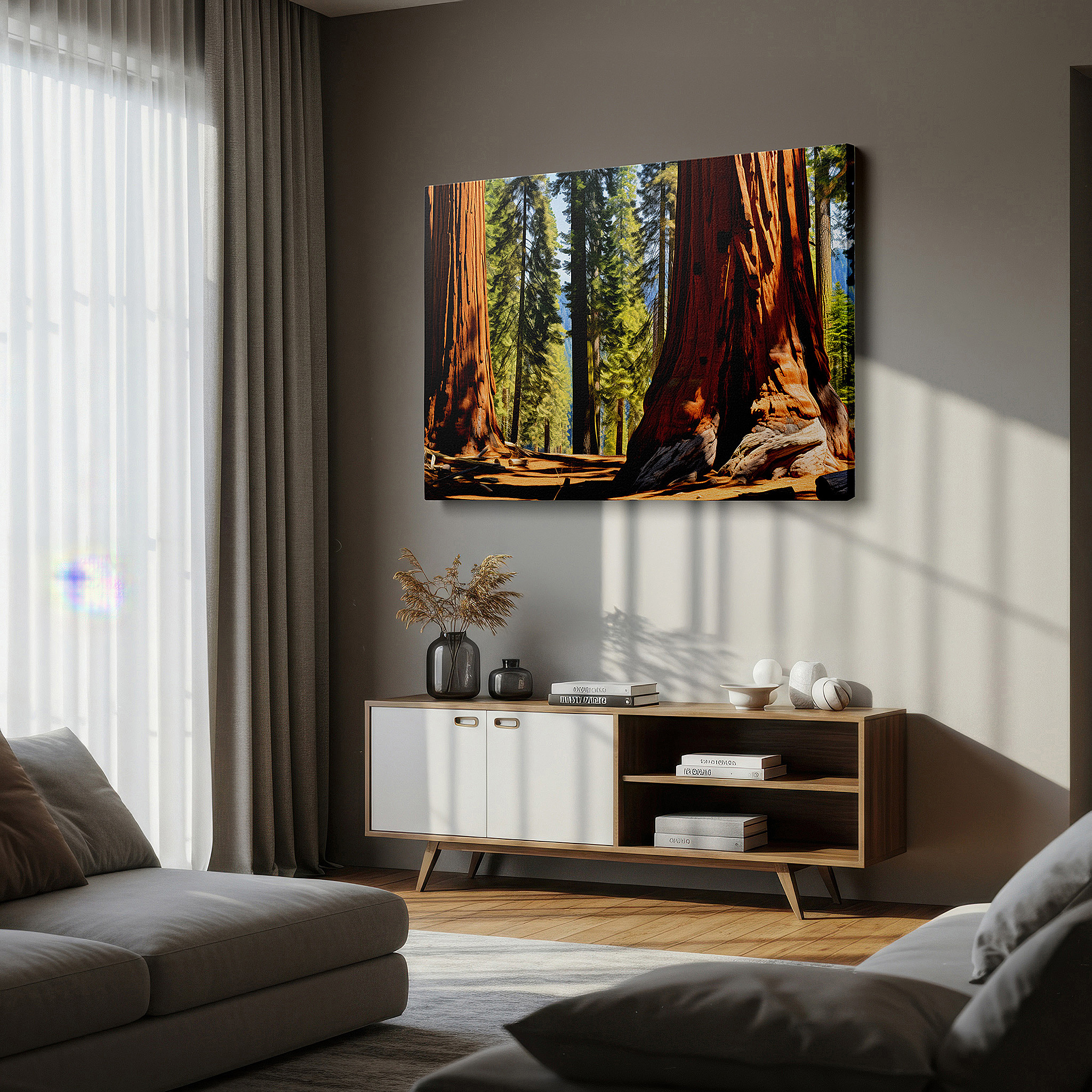 At 60×40 cm, this format fits effortlessly over dressers or benches — majestic sequoias and serene lighting - peaceful forest haven large wall art, canvas wall art, wall decor for office and bedroom
