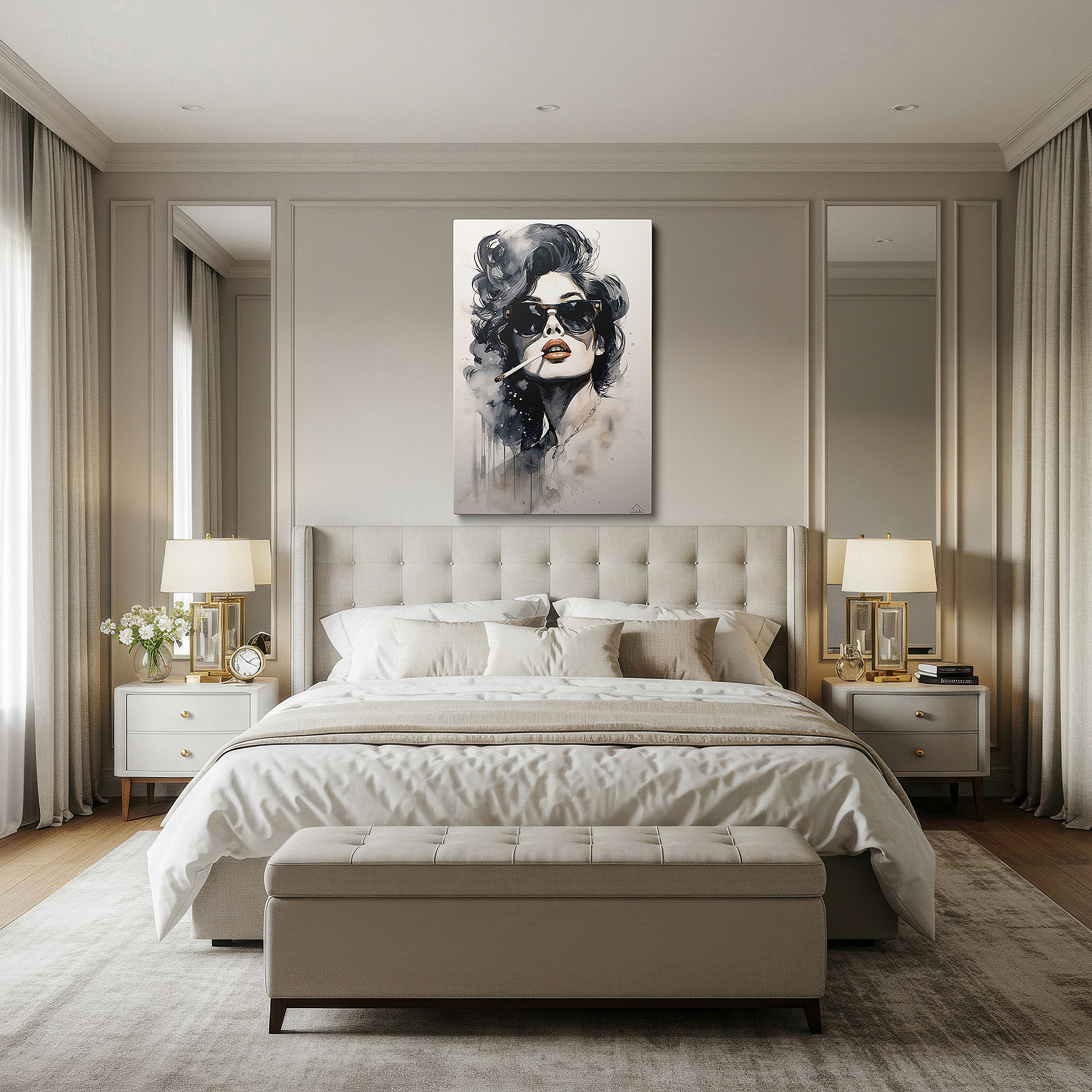 At 60×40 cm, this format fits effortlessly over dressers or benches — modern feminine fashion wall art: timelessly elegant with a hint of mystery - perfect for office, bedroom, and home decor