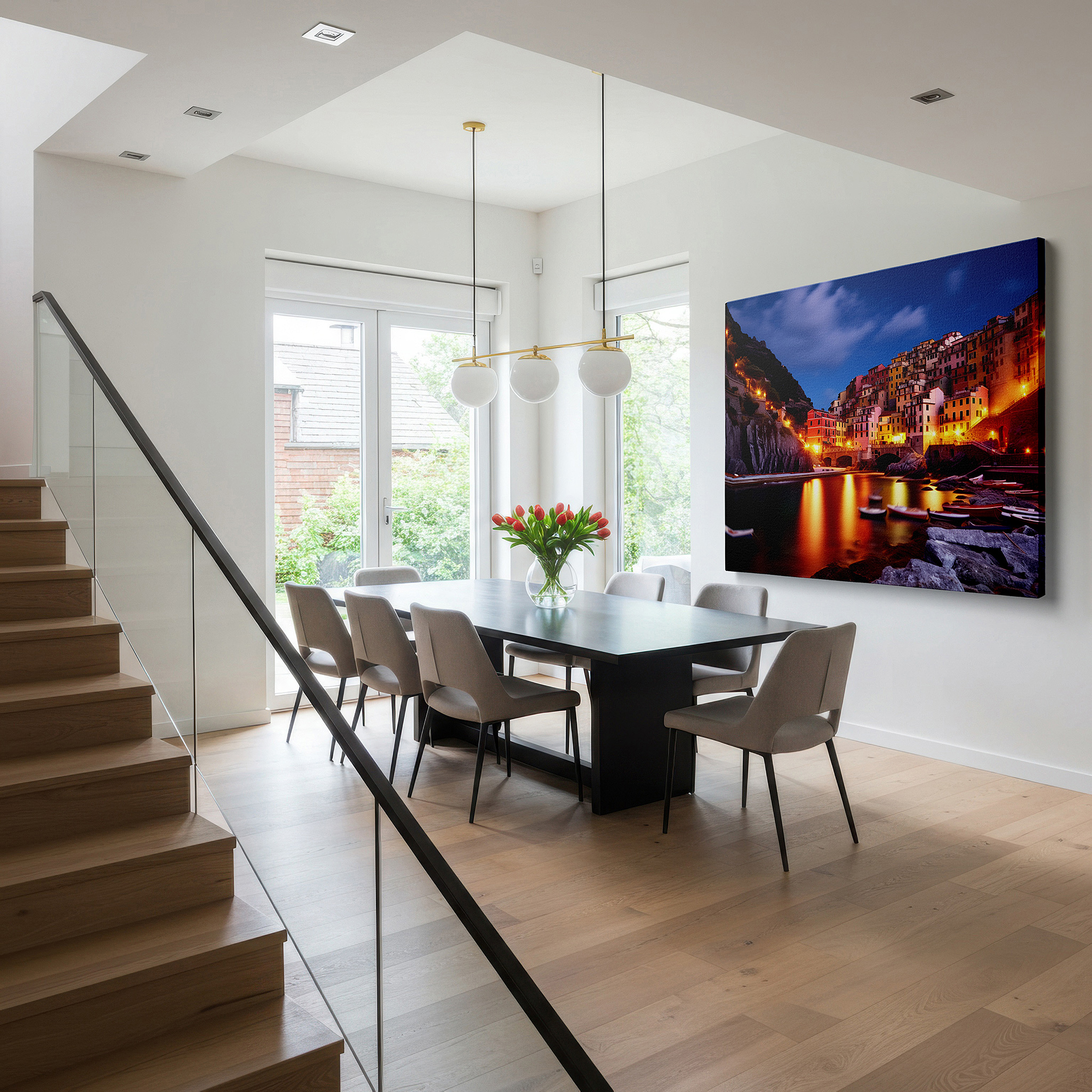 At 60×40 cm, this format fits effortlessly over dressers or benches — moonlit coastal village - large canvas wall art depicting a serene and quaint village with warm radiance, perfect for office or bedroom decor