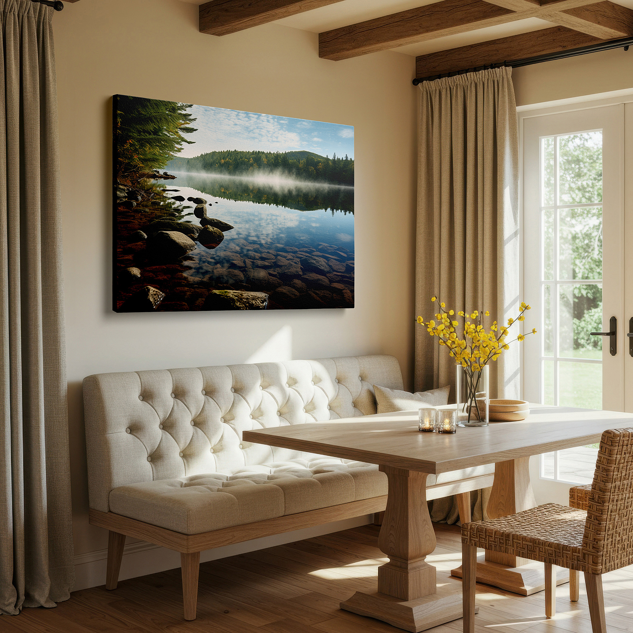 At 60×40 cm, this format fits effortlessly over dressers or benches — morning's soft clasp: serene lake surrounded by verdant woods in early light - oversized wall art, canvas art, home and office decor