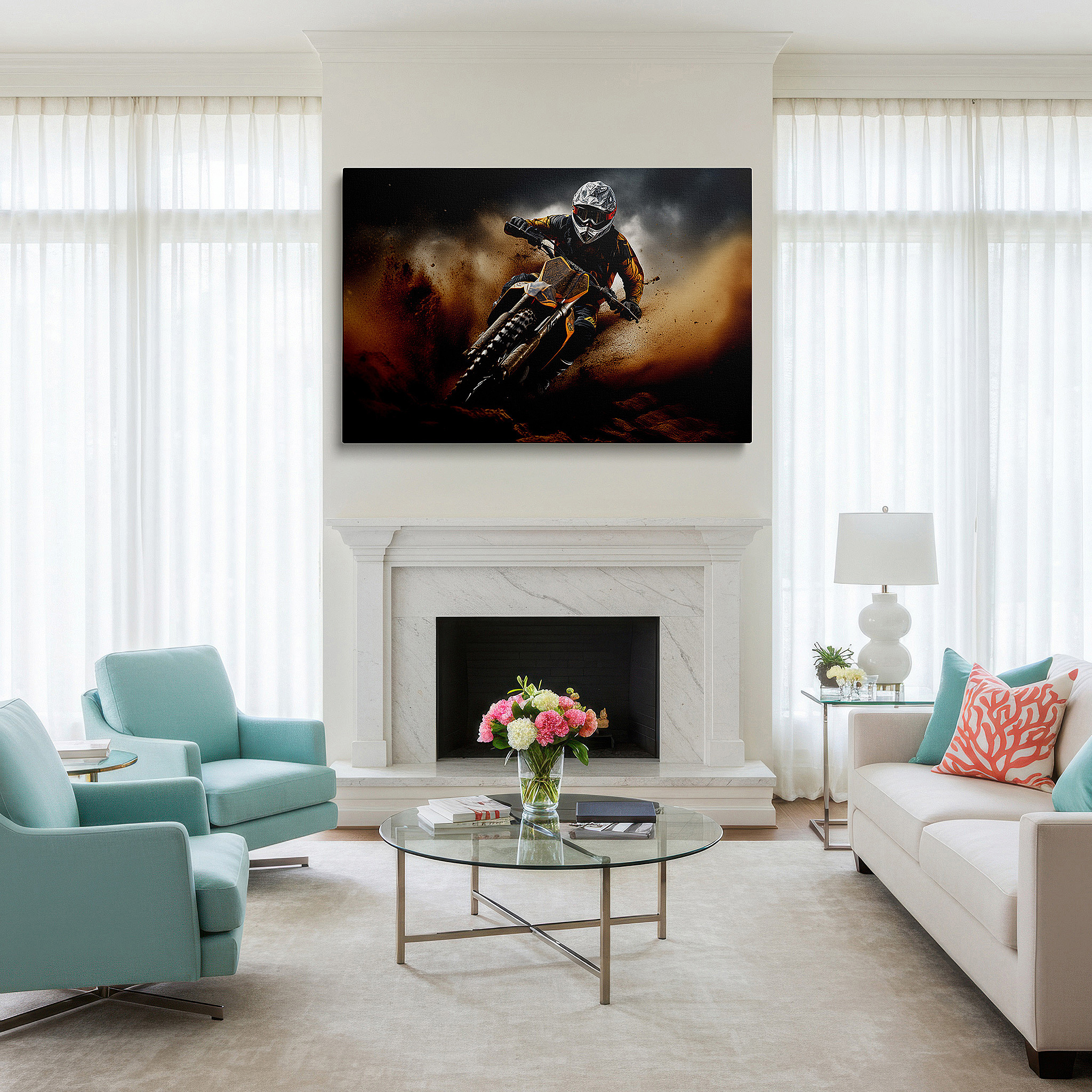At 60×40 cm, this format fits effortlessly over dressers or benches — motocross mastery wall art: large canvas depicting high-flying action amidst dust and drama under a spacious sky, perfect for office or bedroom decor