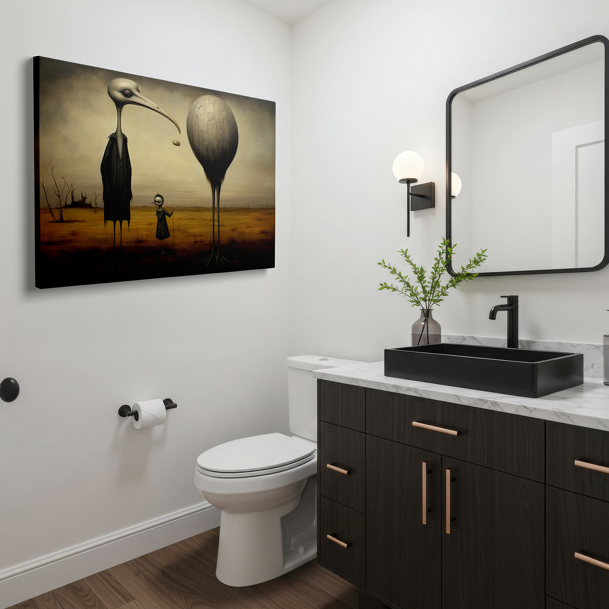 At 60×40 cm, this format fits effortlessly over dressers or benches — mysterious figures and a regal bird in an endless surreal landscape: large canvas wall art for office and bedroom decor