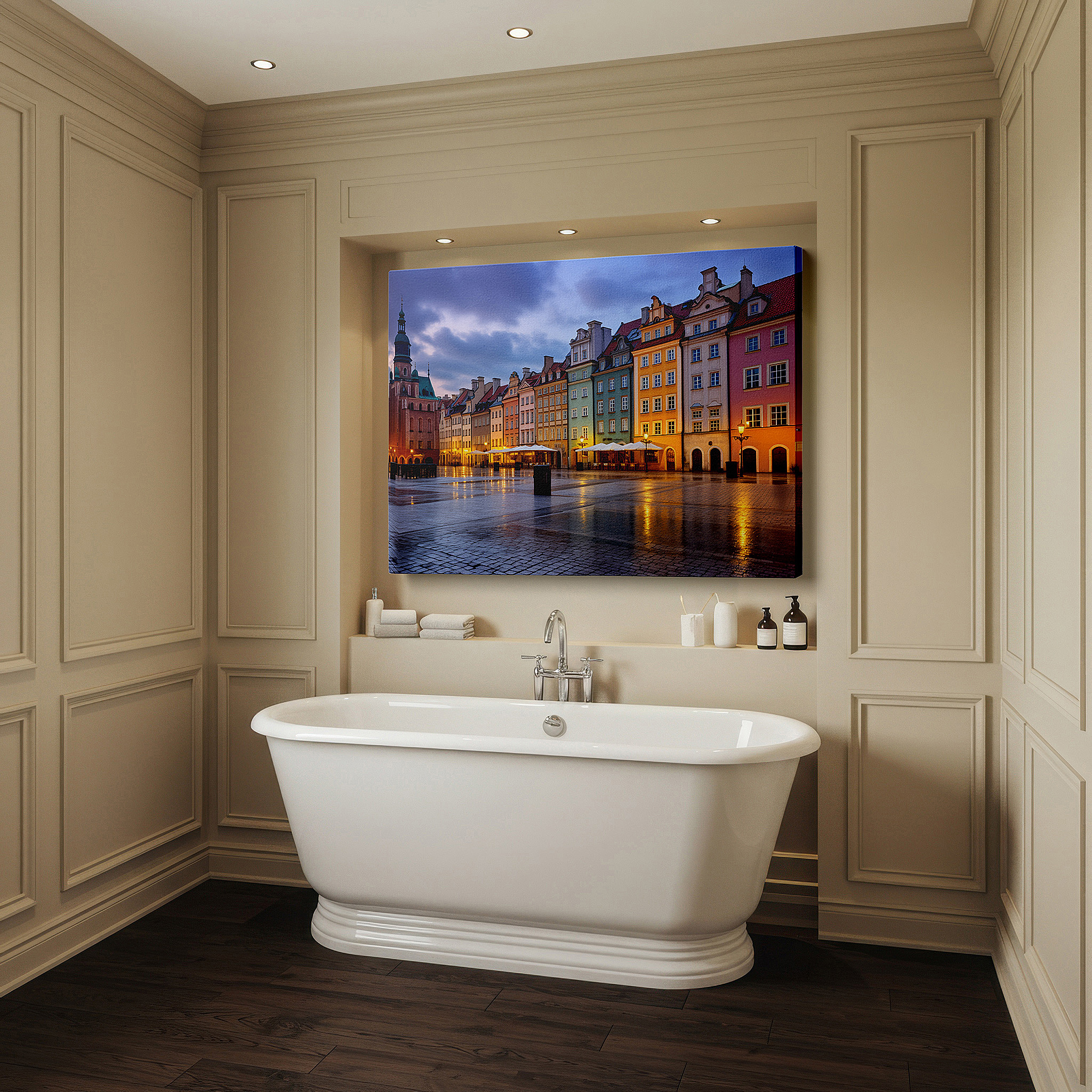 At 60×40 cm, this format fits effortlessly over dressers or benches — old town square at dusk: a captivating fusion of historic charm and city life - large wall art, canvas wall art, wall decor for office