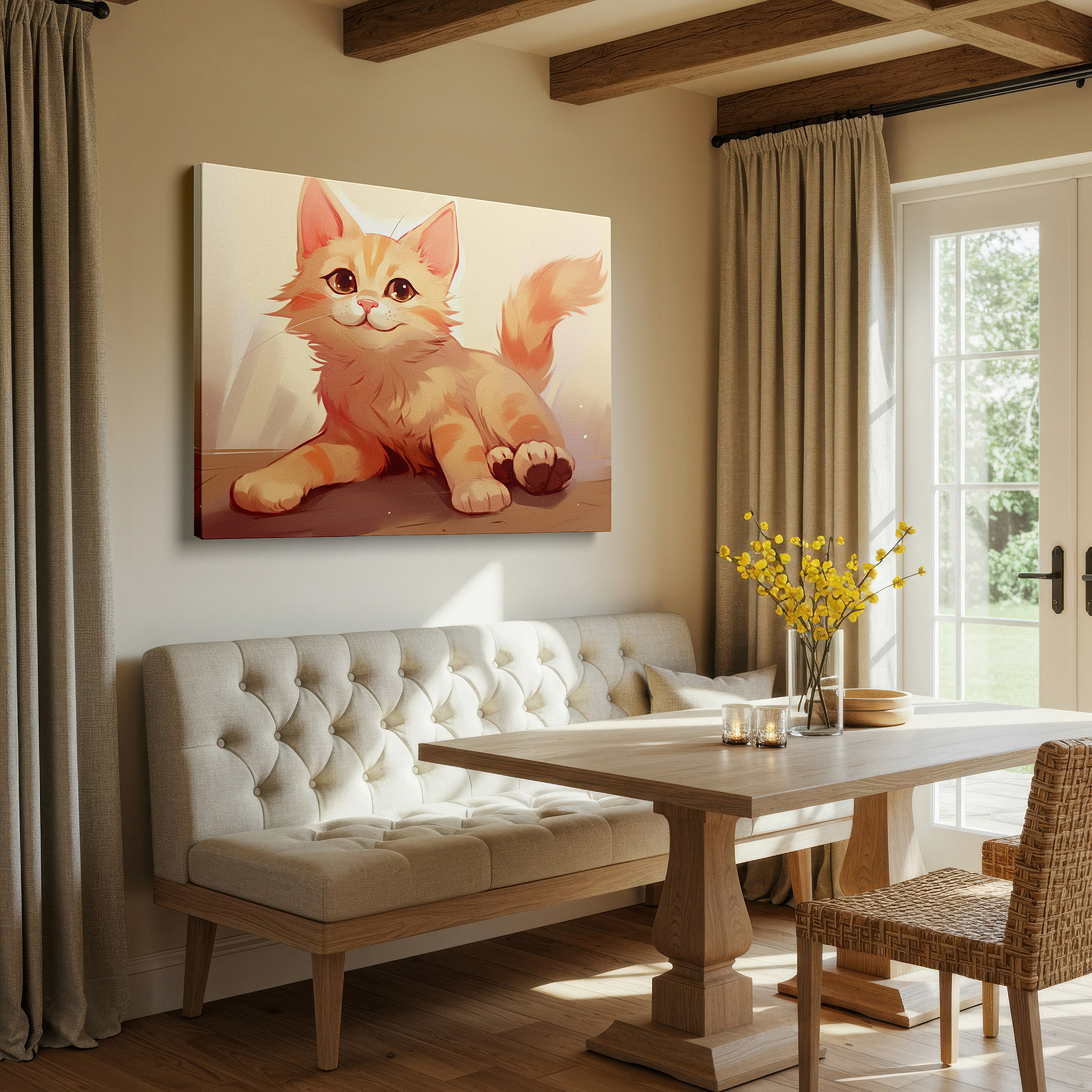 At 60×40 cm, this format fits effortlessly over dressers or benches — peaceful ginger cat in cozy comfort: symbolizing domestic warmth - large wall art, canvas wall art, wall decor for office and bedroom