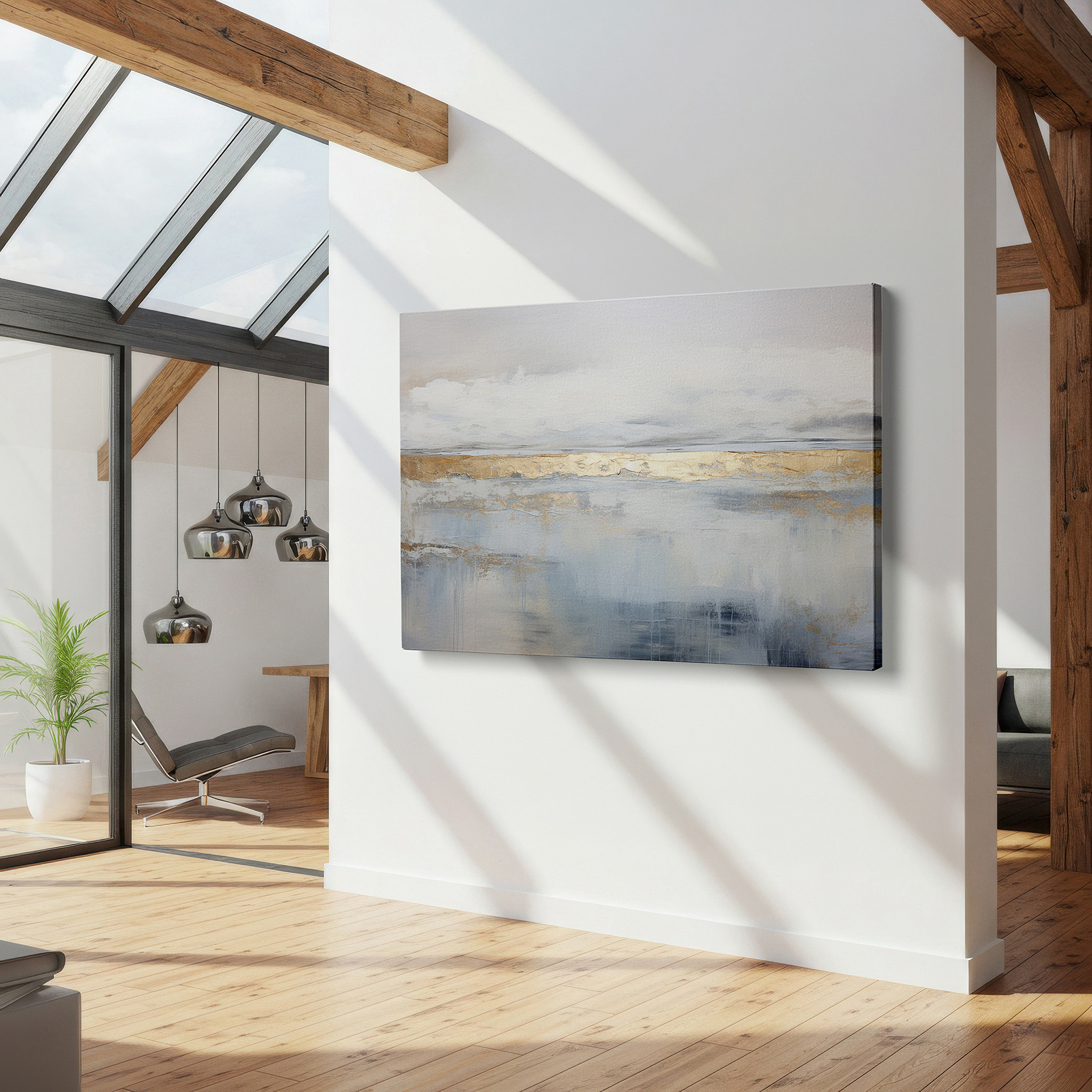 At 60×40 cm, this format fits effortlessly over dressers or benches — serene abstract landscape canvas with soft blues and golden accents, large wall art for office, bedroom, and living room decor