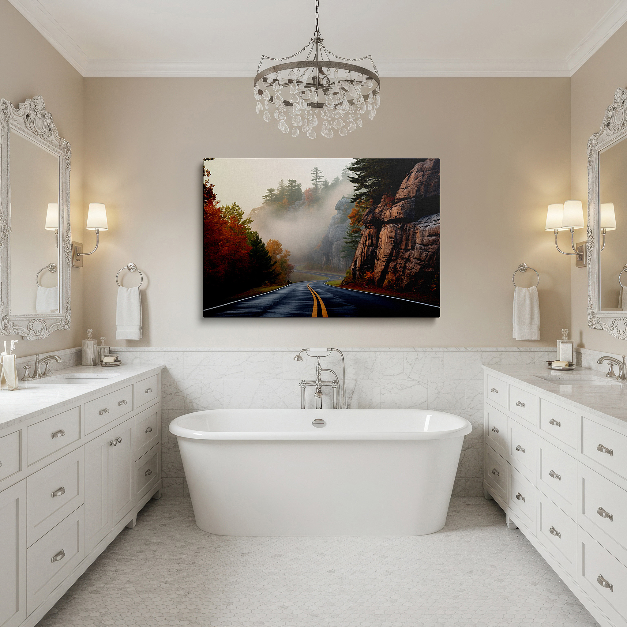 At 60×40 cm, this format fits effortlessly over dressers or benches — serene autumn path surrounded by bright fall leaves, large canvas wall art for home and office decor