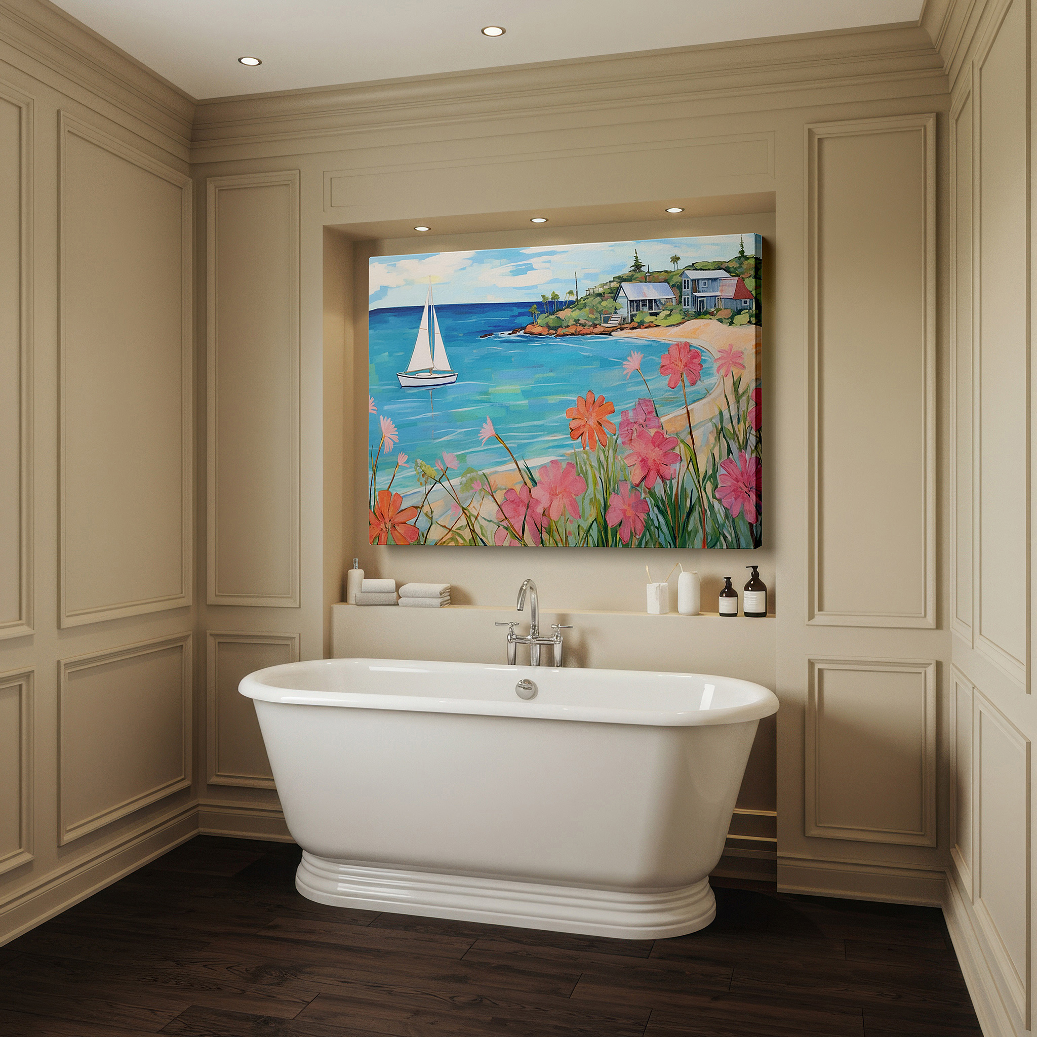 At 60×40 cm, this format fits effortlessly over dressers or benches — serene coastal retreat featuring sailboat and blossoming shoreline - large canvas wall art for office, bedroom, and living room decor