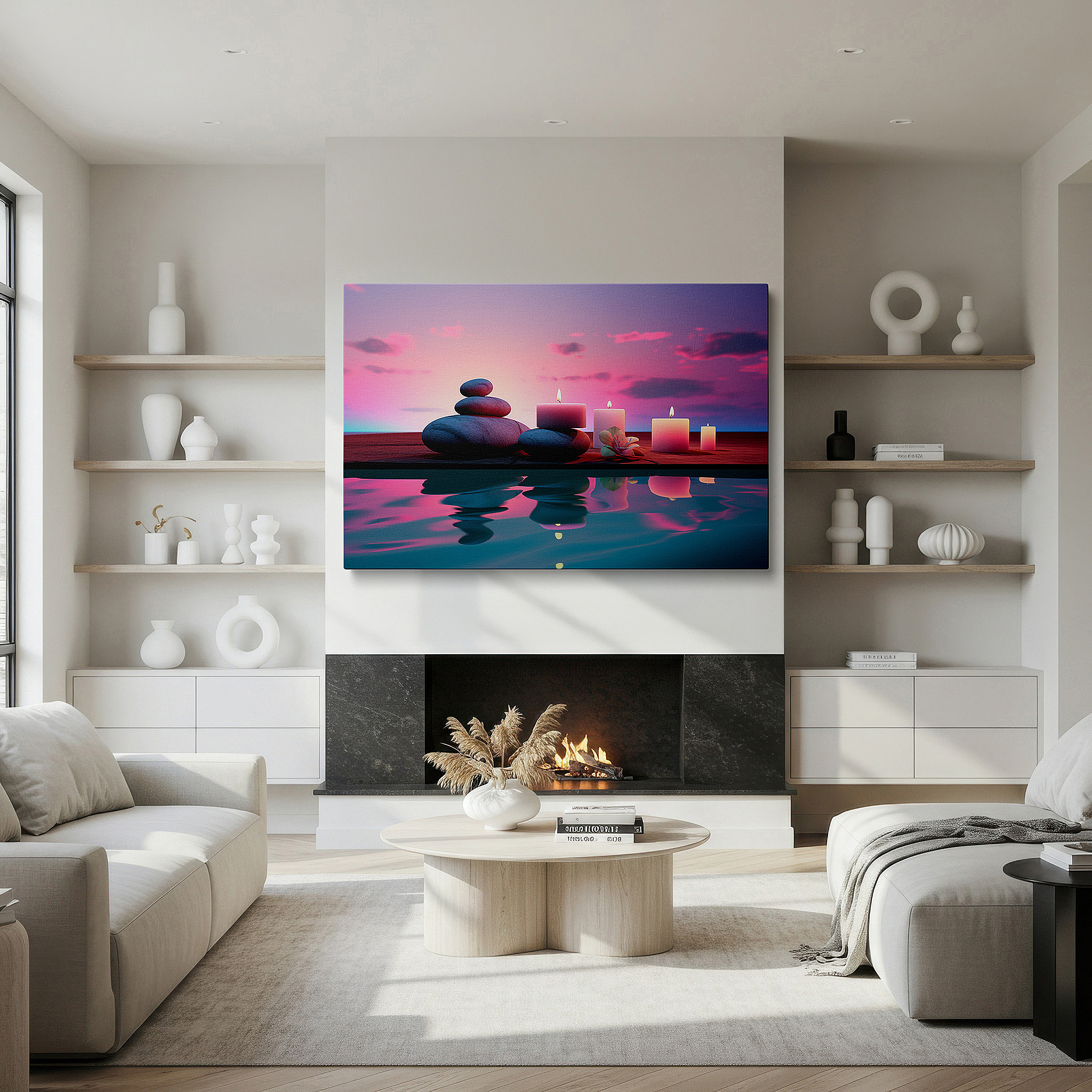 At 60×40 cm, this format fits effortlessly over dressers or benches — serene dusk wall art: smooth stones and flickering candles under a vibrant sunset sky - large canvas wall art for office and bedroom decor