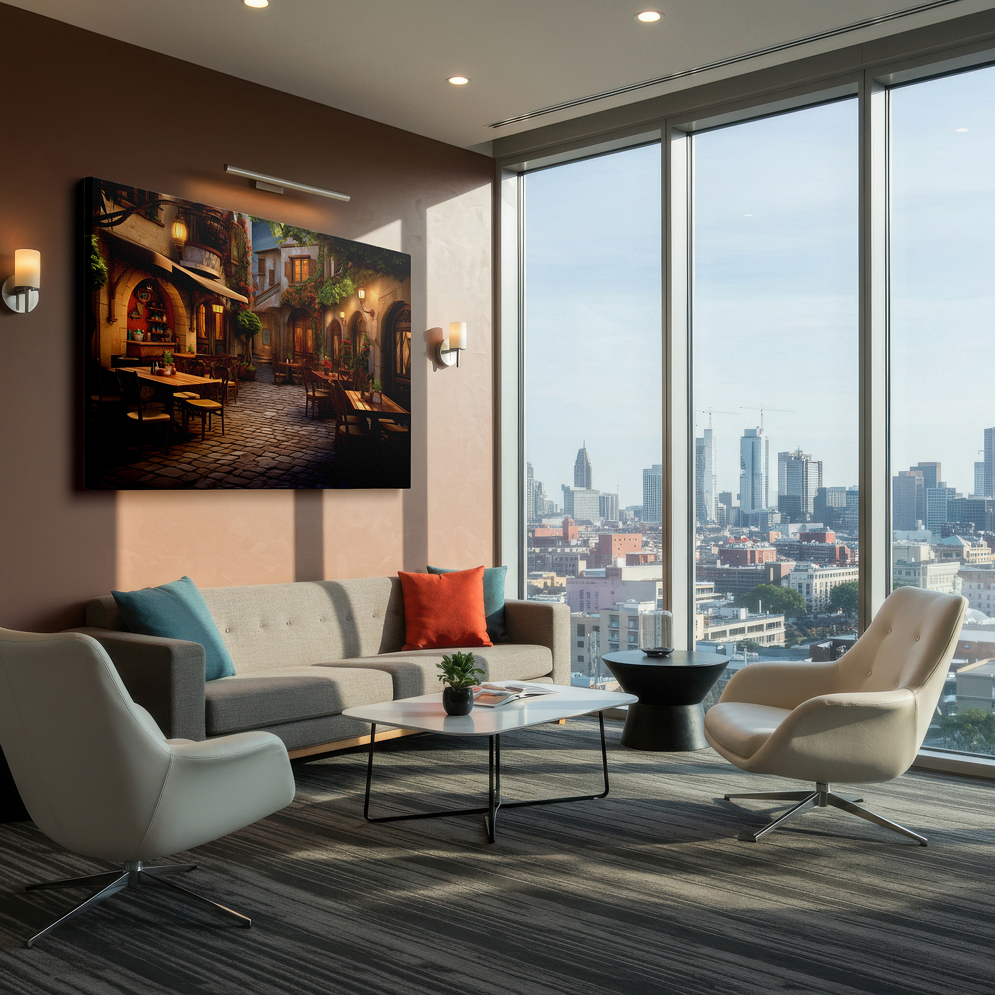 At 60×40 cm, this format fits effortlessly over dressers or benches — serene evening in a quaint village: dusk light and cobblestone whispers large canvas wall art for home and office decor