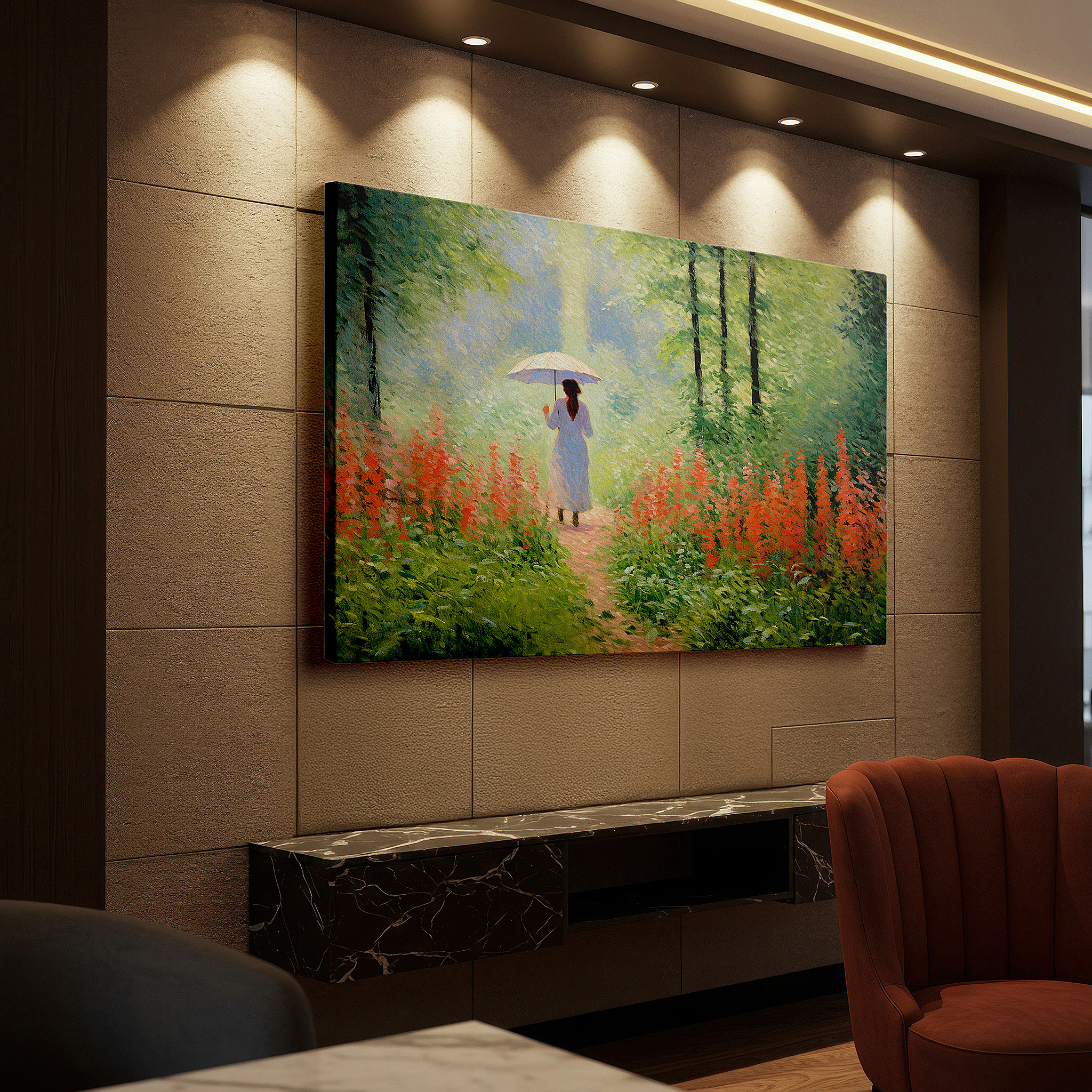 At 60×40 cm, this format fits effortlessly over dressers or benches — serene impressionist artwork featuring a lone woman on a floral path - large canvas wall art for home and office decor