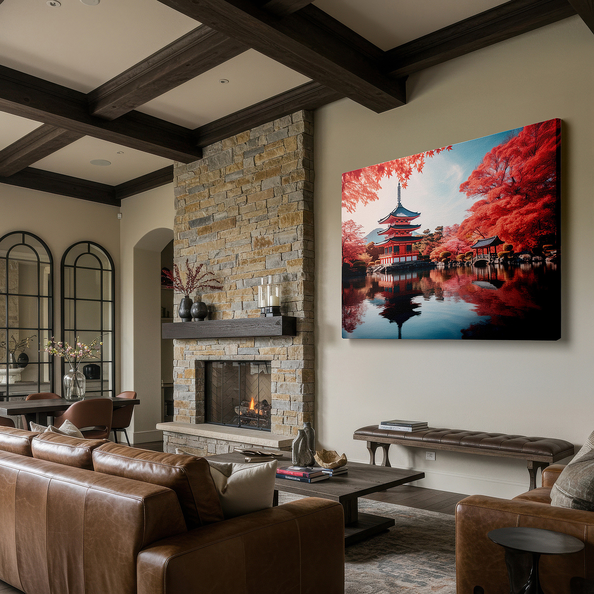 At 60×40 cm, this format fits effortlessly over dressers or benches — serene japanese pagoda surrounded by autumn leaves, peaceful reflections on calm water large wall art, canvas wall art, wall decor for office