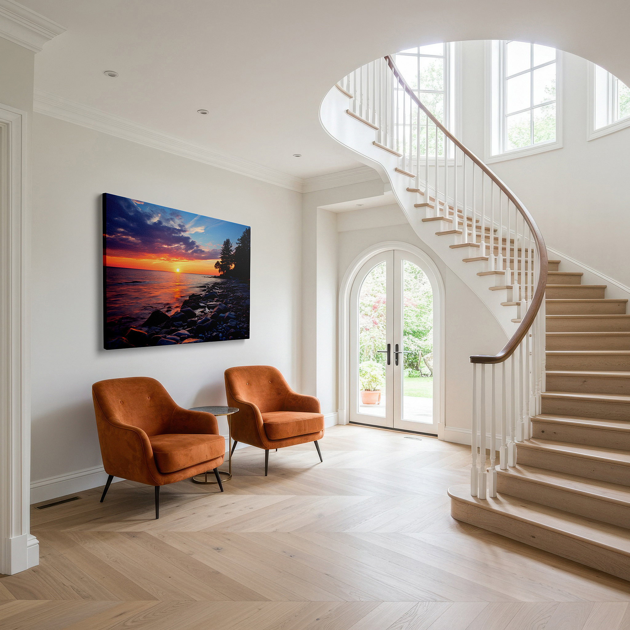At 60×40 cm, this format fits effortlessly over dressers or benches — serene sunset at the lake: a symphony of orange, blue, and purple hues reflecting nature's splendor - large wall art, canvas wall art, wall art decor