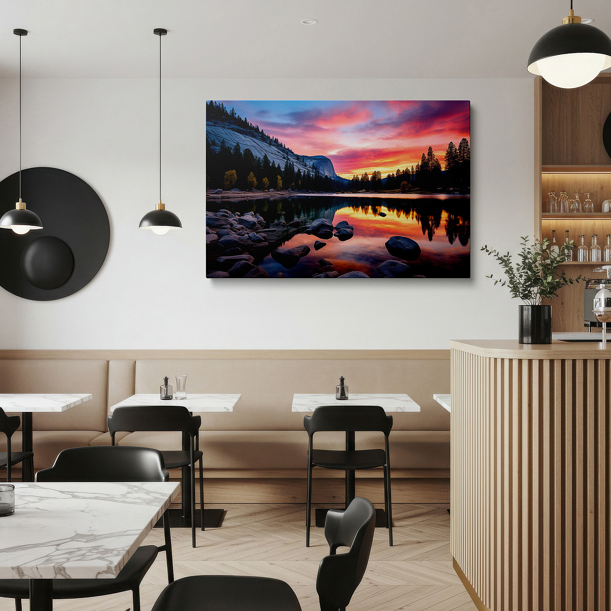 At 60×40 cm, this format fits effortlessly over dressers or benches — serene sunset over majestic rocks and calm lake wall art: large canvas for office, bedroom, and living room decor