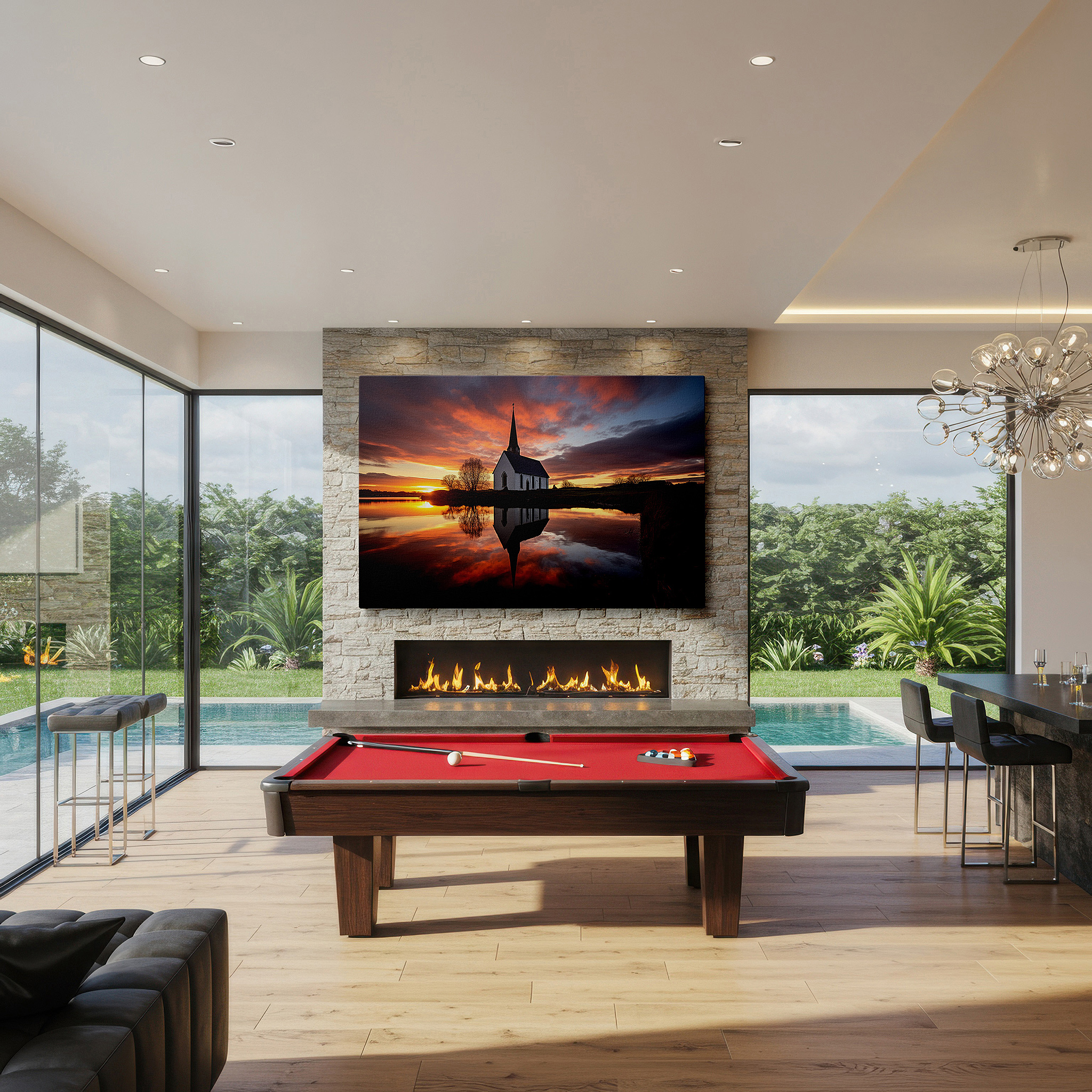 At 60×40 cm, this format fits effortlessly over dressers or benches — serene sunset and quaint church reflections by a lake - nature and architecture masterpiece large wall art, canvas wall art, wall decor for office