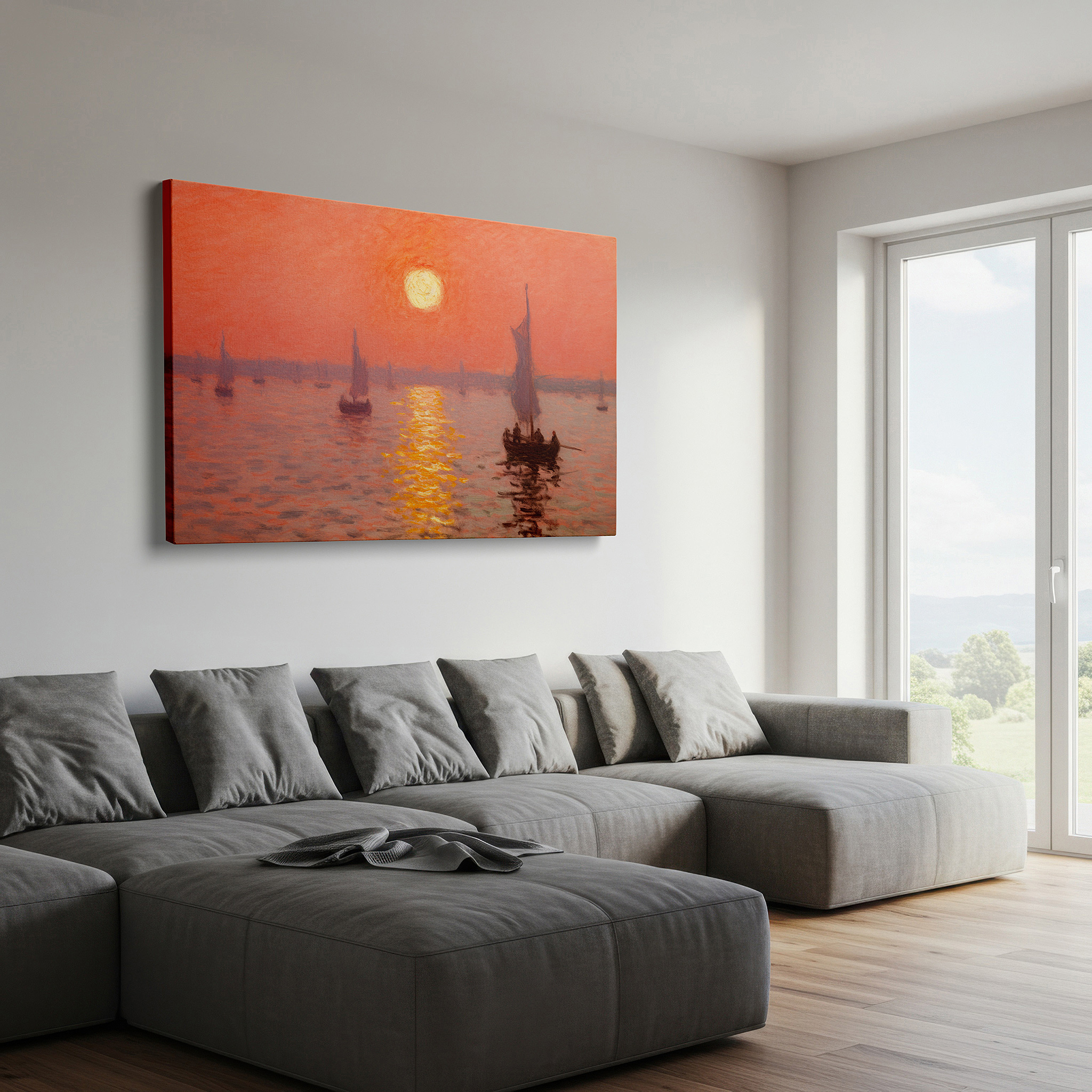 At 60×40 cm, this format fits effortlessly over dressers or benches — serene sunset and silhouetted sailing boats over tranquil waters large canvas wall art for office and bedroom decor