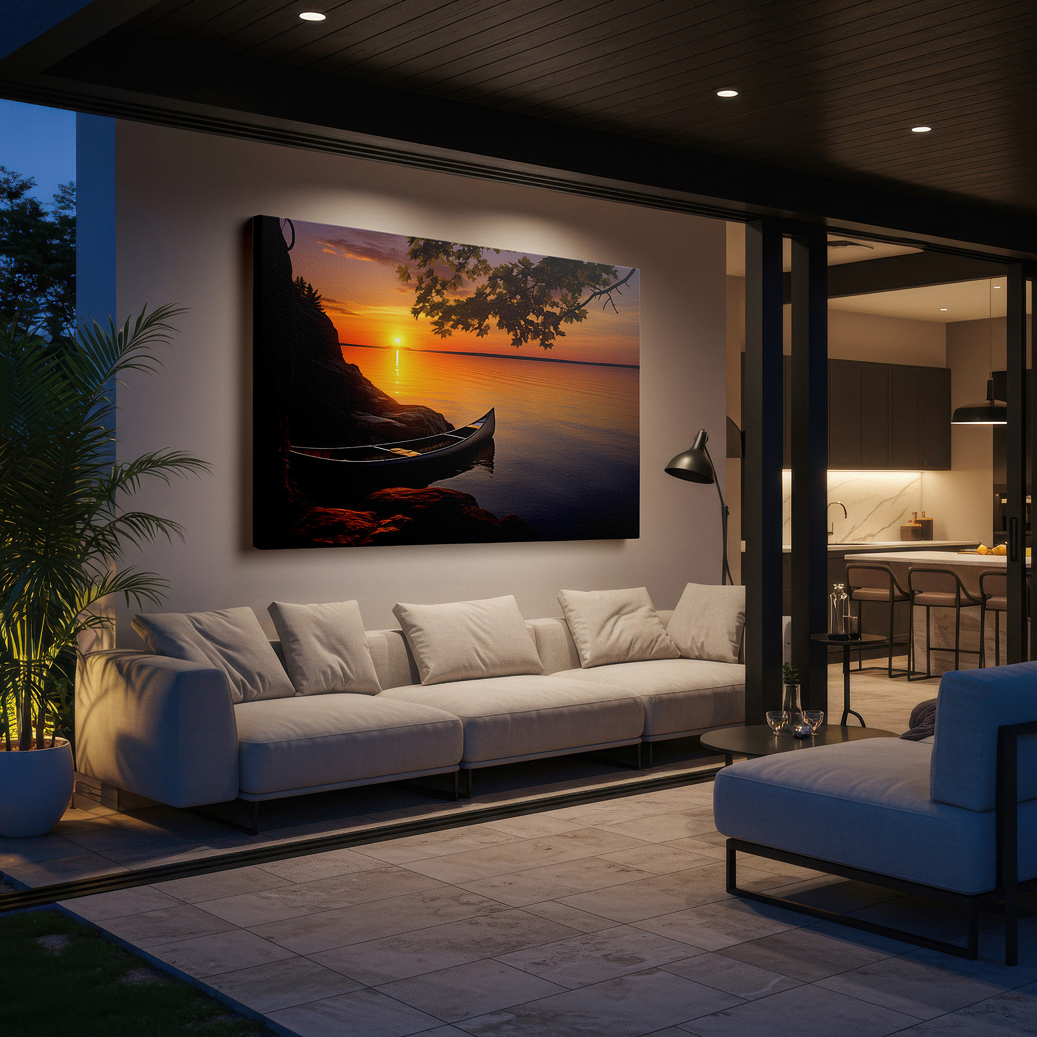 At 60×40 cm, this format fits effortlessly over dressers or benches — serene sunset over tranquil lake with canoe and rocky shoreline - large canvas wall art for office, bedroom, and living room decor