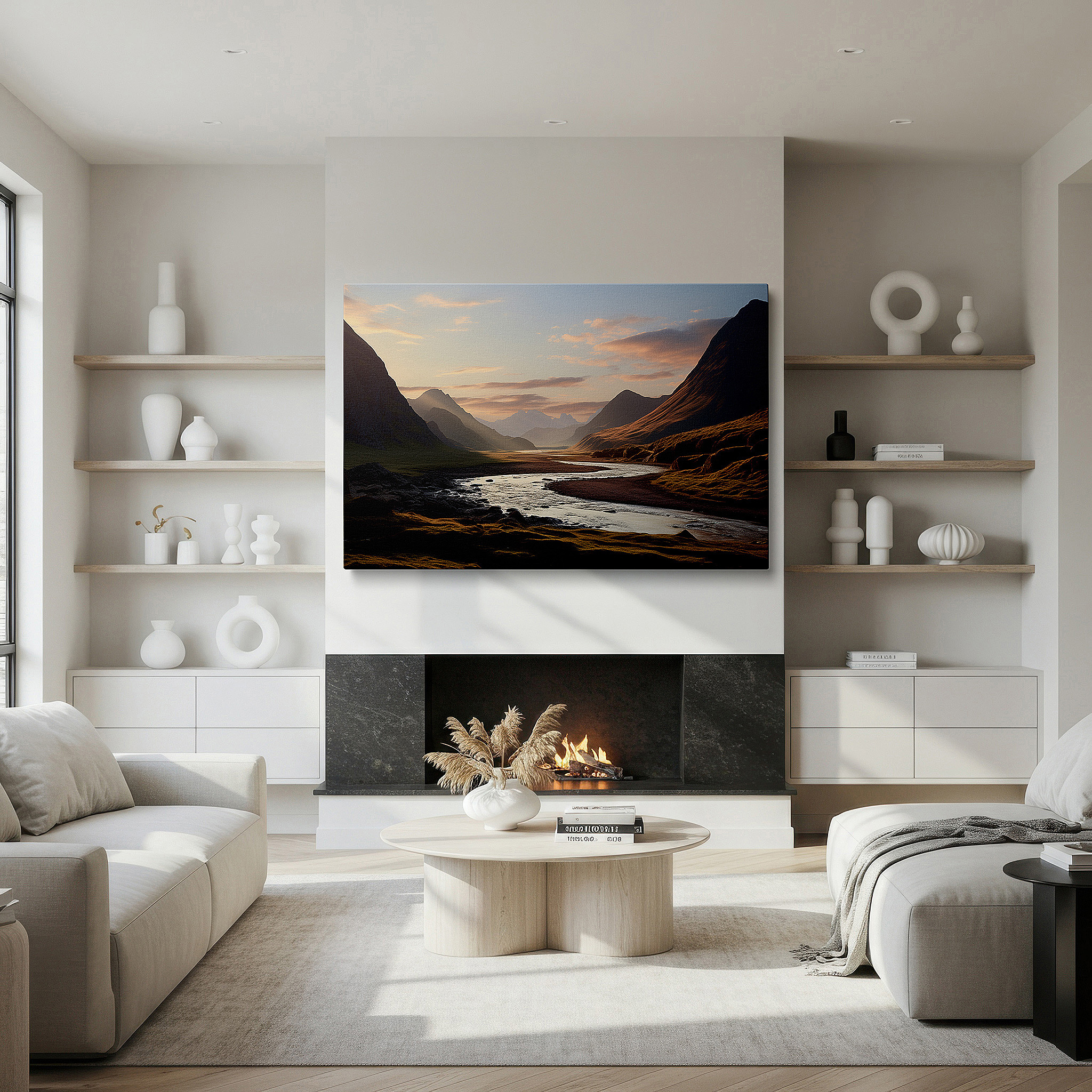 At 60×40 cm, this format fits effortlessly over dressers or benches — serene valley sunset and river canvas print - large wall art for office and bedroom decor