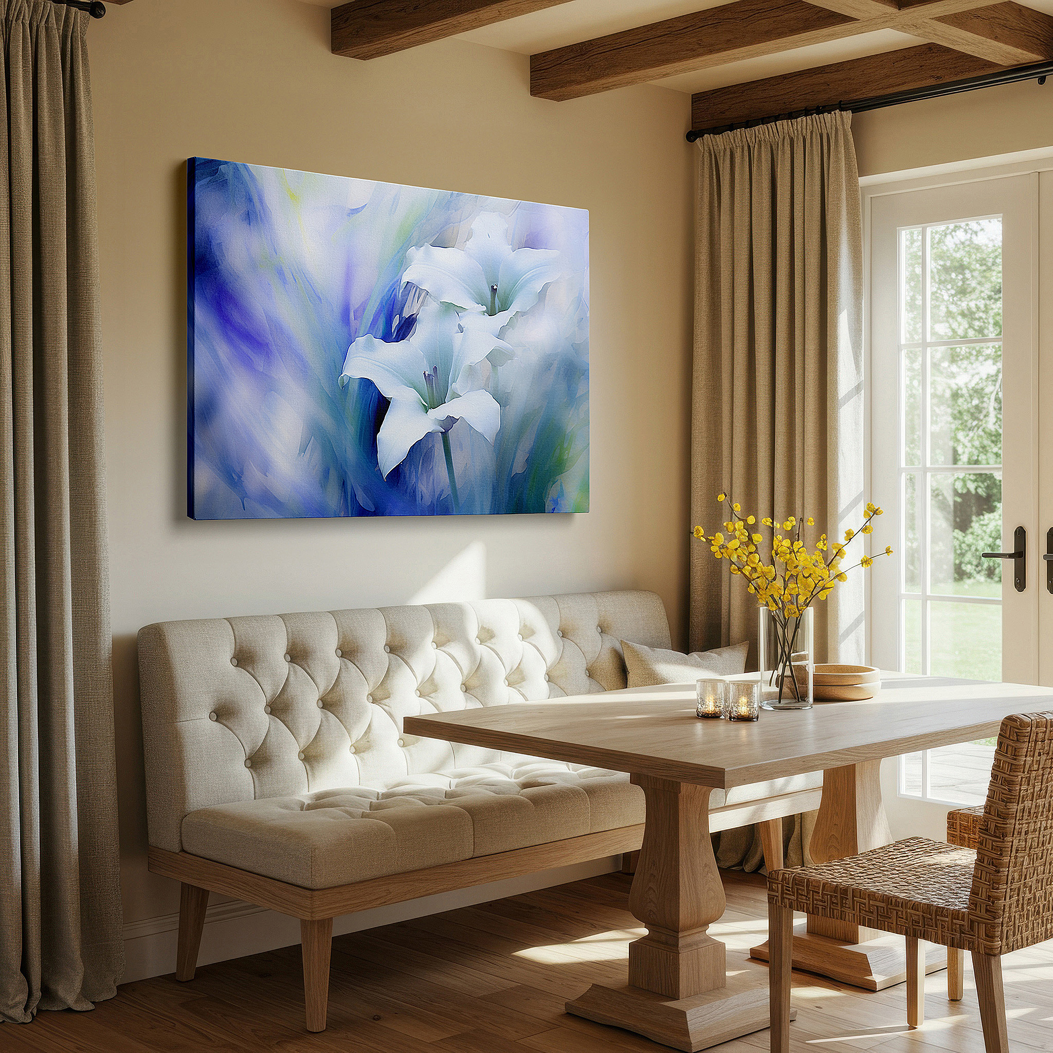 At 60×40 cm, this format fits effortlessly over dressers or benches — serene white lilies on soft blue and green background large canvas wall art for office, bedroom, and living room decor